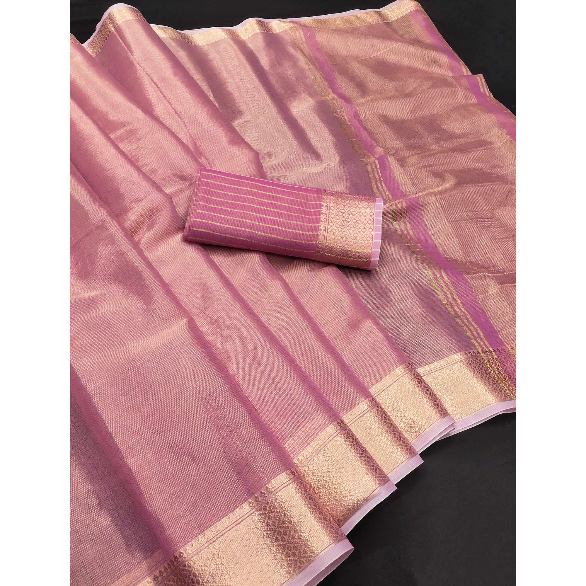 Subtle Solid Pink Kota Doria Saree with Traditional Zari Weaving Edging - Image 3