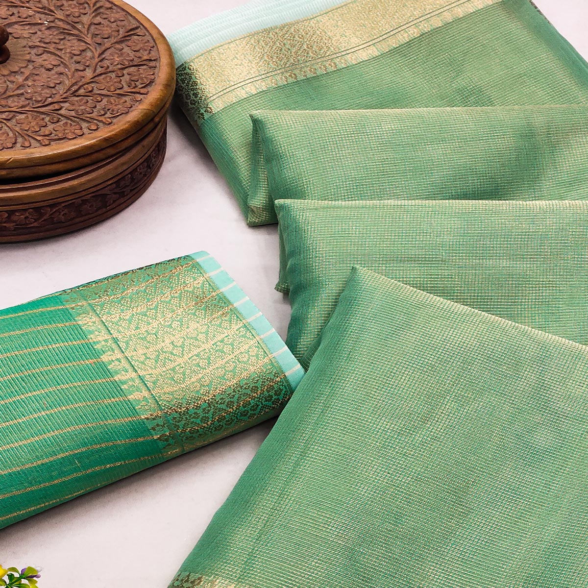 Subtle Solid Sea Green Kota Doria Saree with Traditional Zari Weaving Edging - Image 2