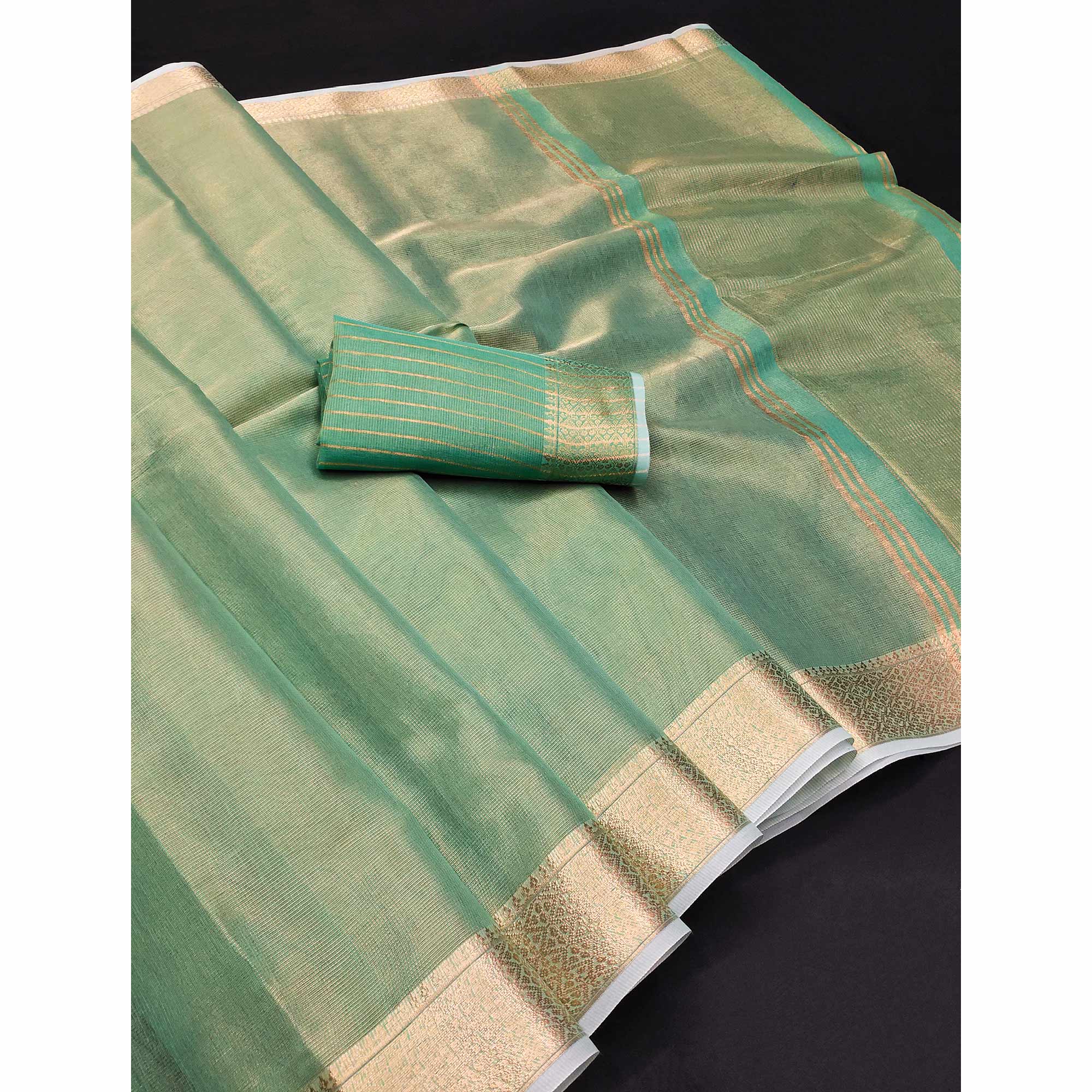 Subtle Solid Sea Green Kota Doria Saree with Traditional Zari Weaving Edging - Image 3