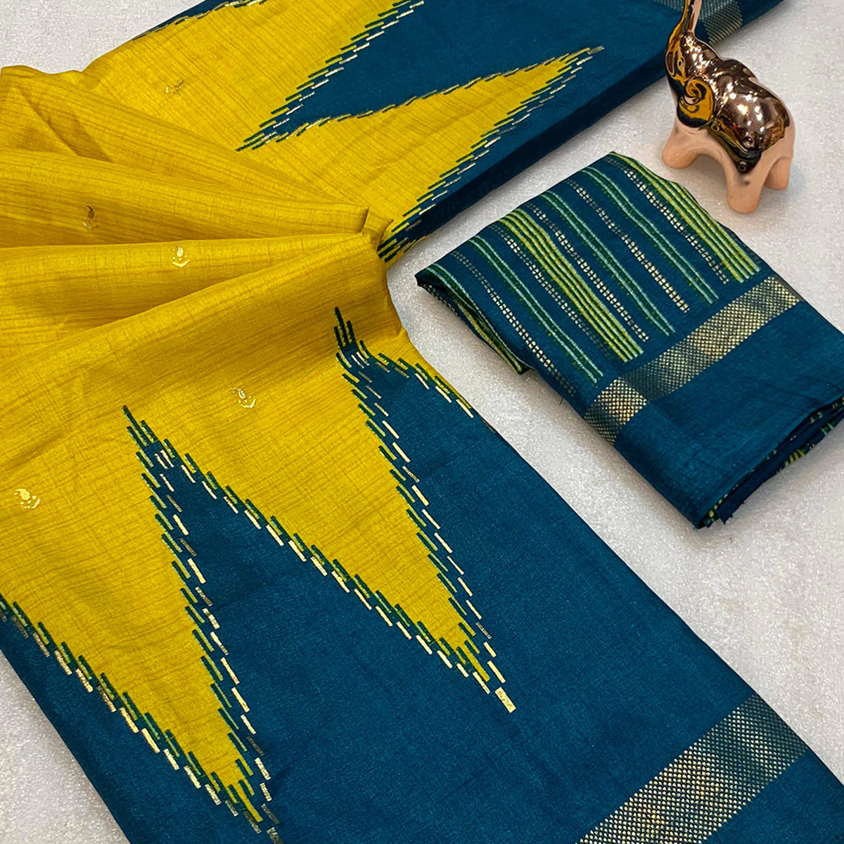 Subtle & Stylish Yellow Saree With Ikkat Prints In Luxe Dola Silk For Festive Wear - Image 2