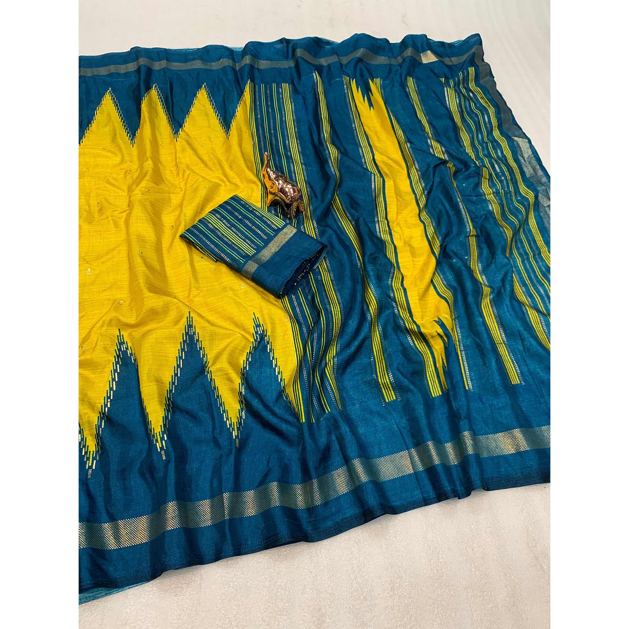 Subtle & Stylish Yellow Saree With Ikkat Prints In Luxe Dola Silk For Festive Wear - Image 3