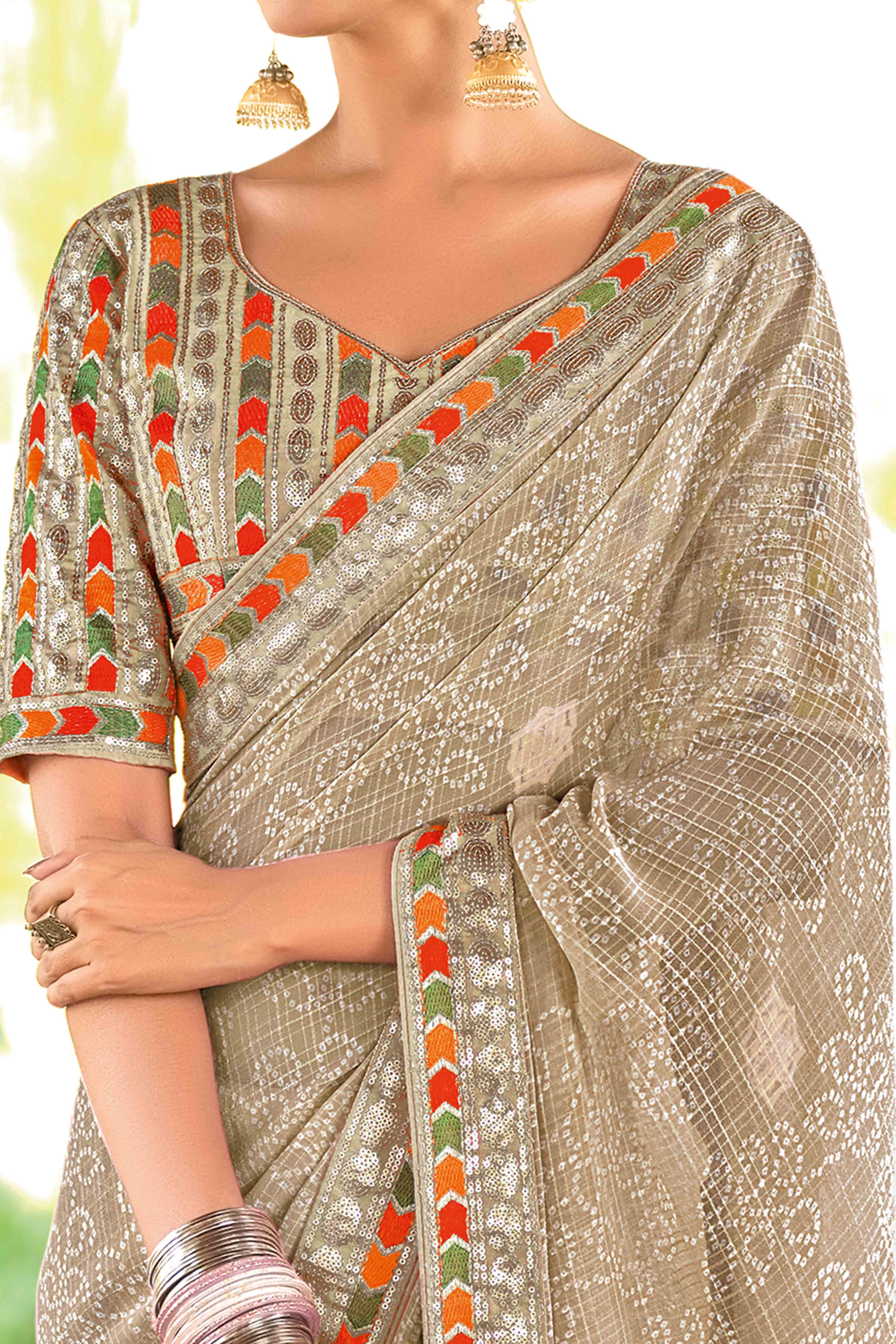 Taupe Bandhani Printed Georgette Saree With Glittering Sequin Embroidered Border - Image 2