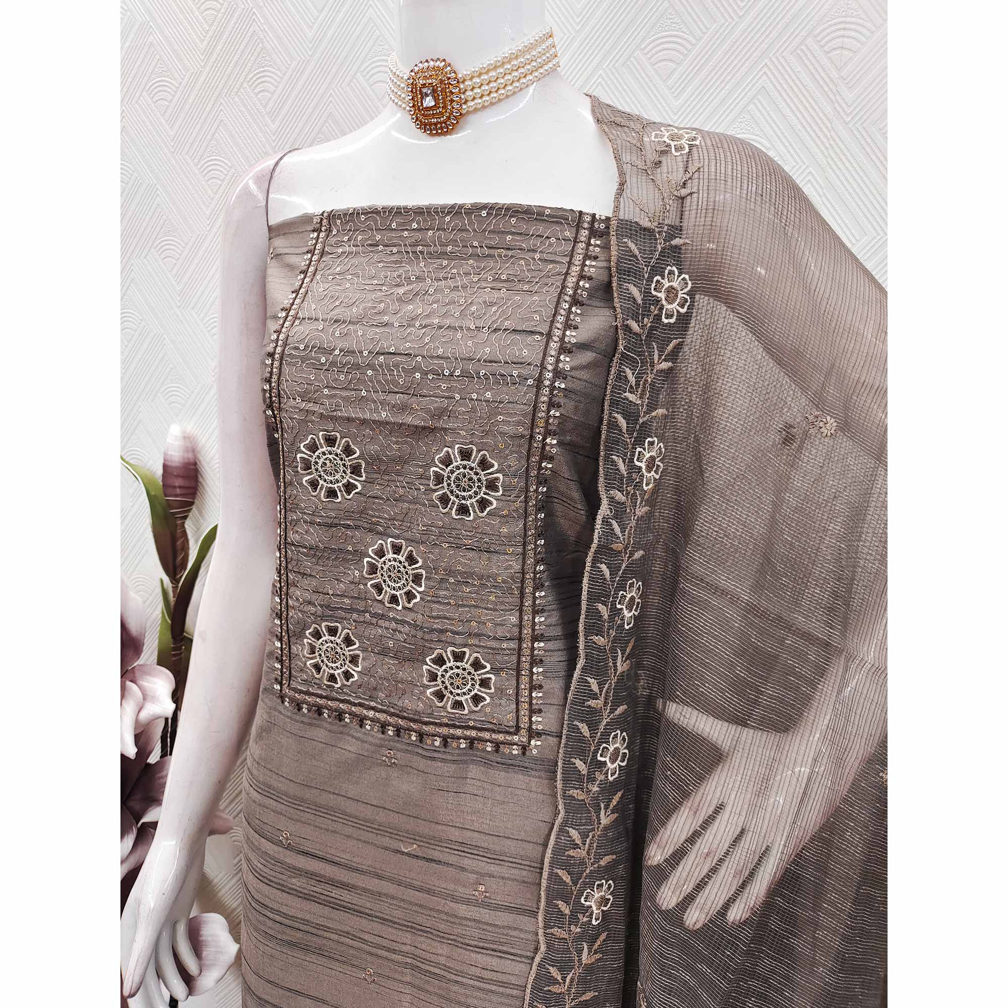 Taupe Elegance In Cotton Blend Dress Material With Floral Thread & Sequin Work - Image 4