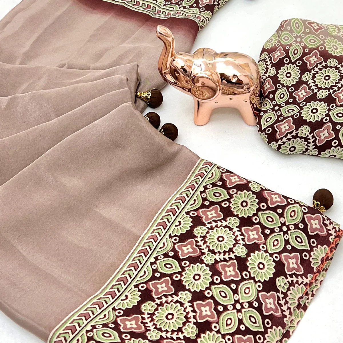 Taupe Solid Satin Saree Featuring Bold Ajrakh Print and Tassel Accented Pallu - Image 2