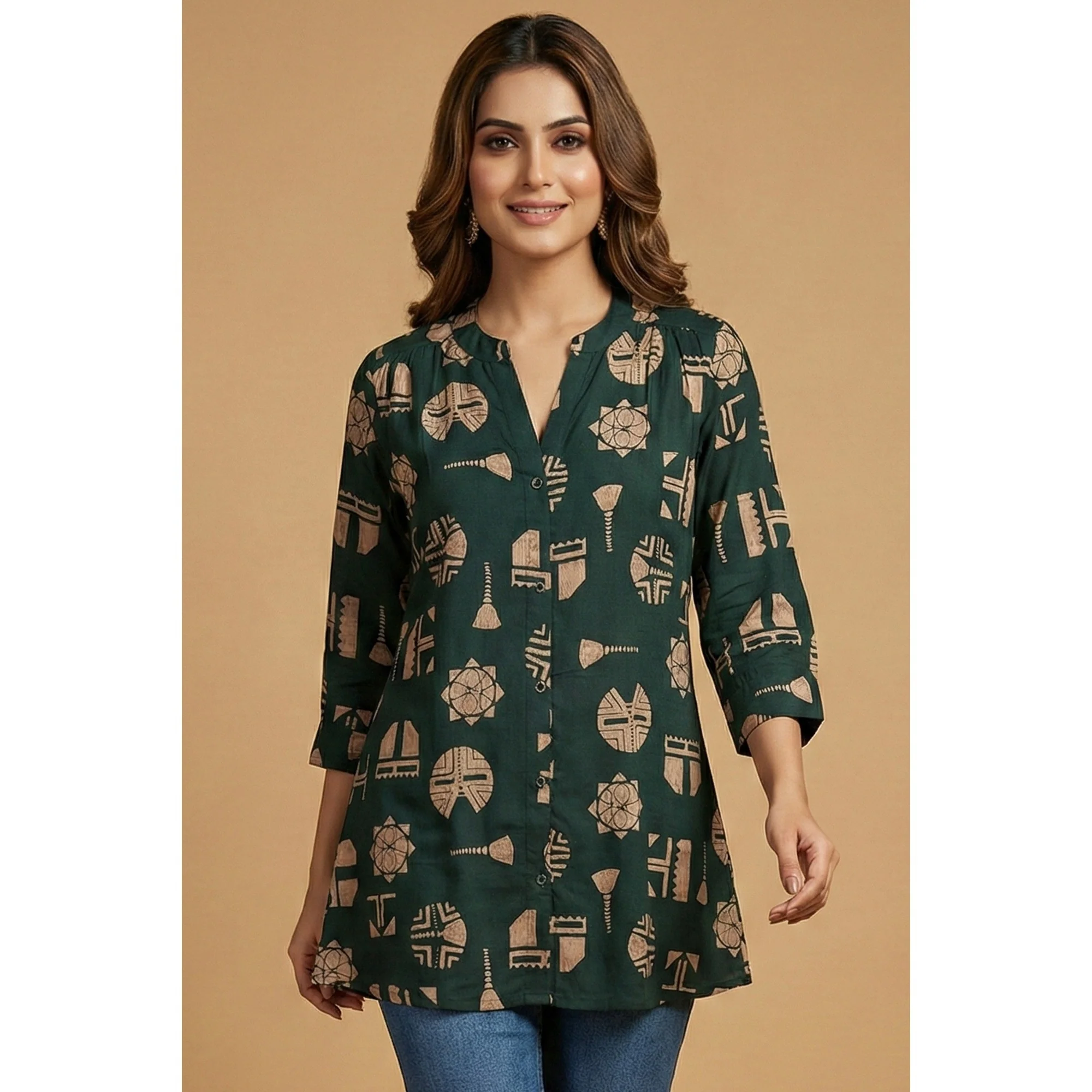 Teal Abstract Print Rayon A-Line Top with Modern Ethnic Look