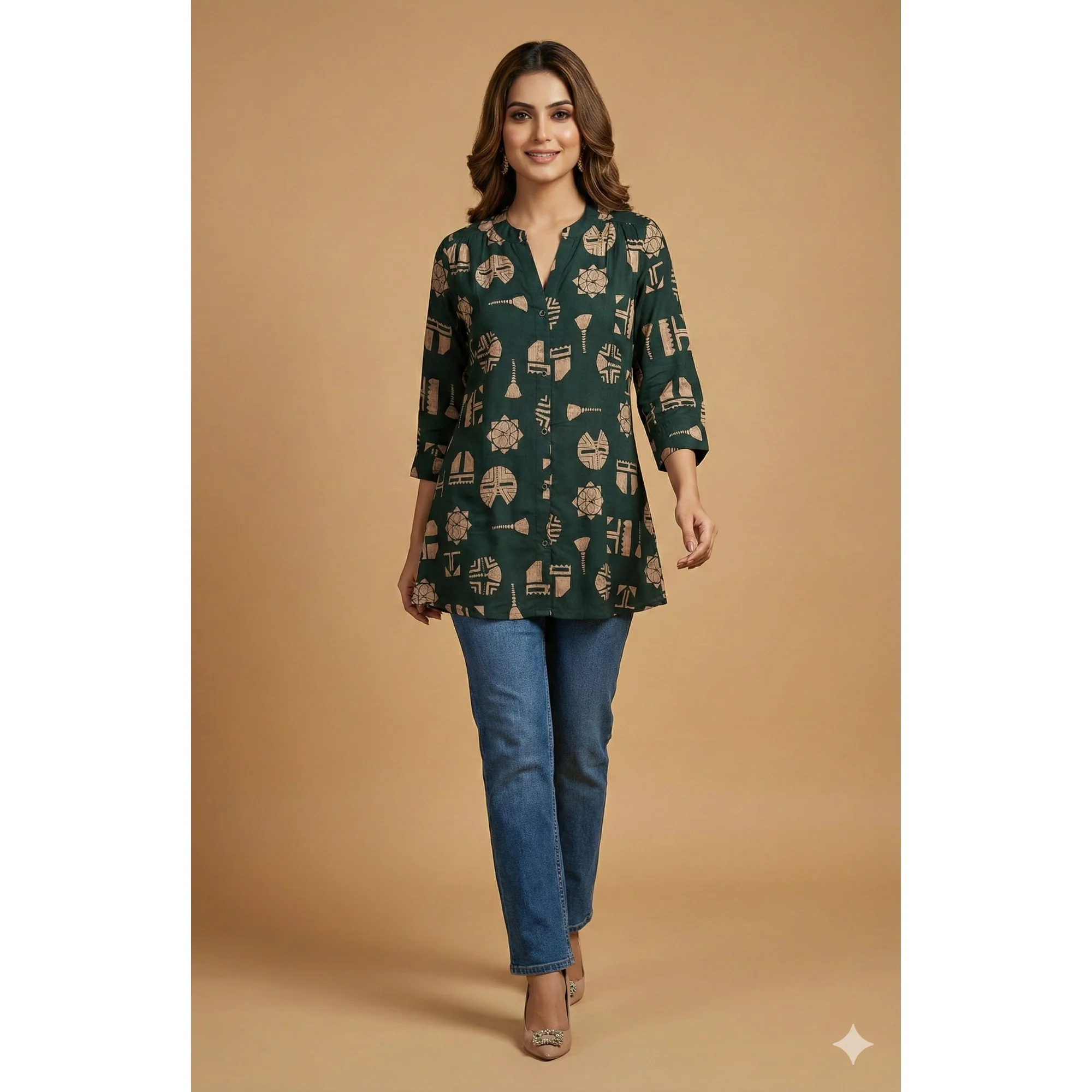 Teal Abstract Print Rayon A-Line Top with Modern Ethnic Look - Image 5