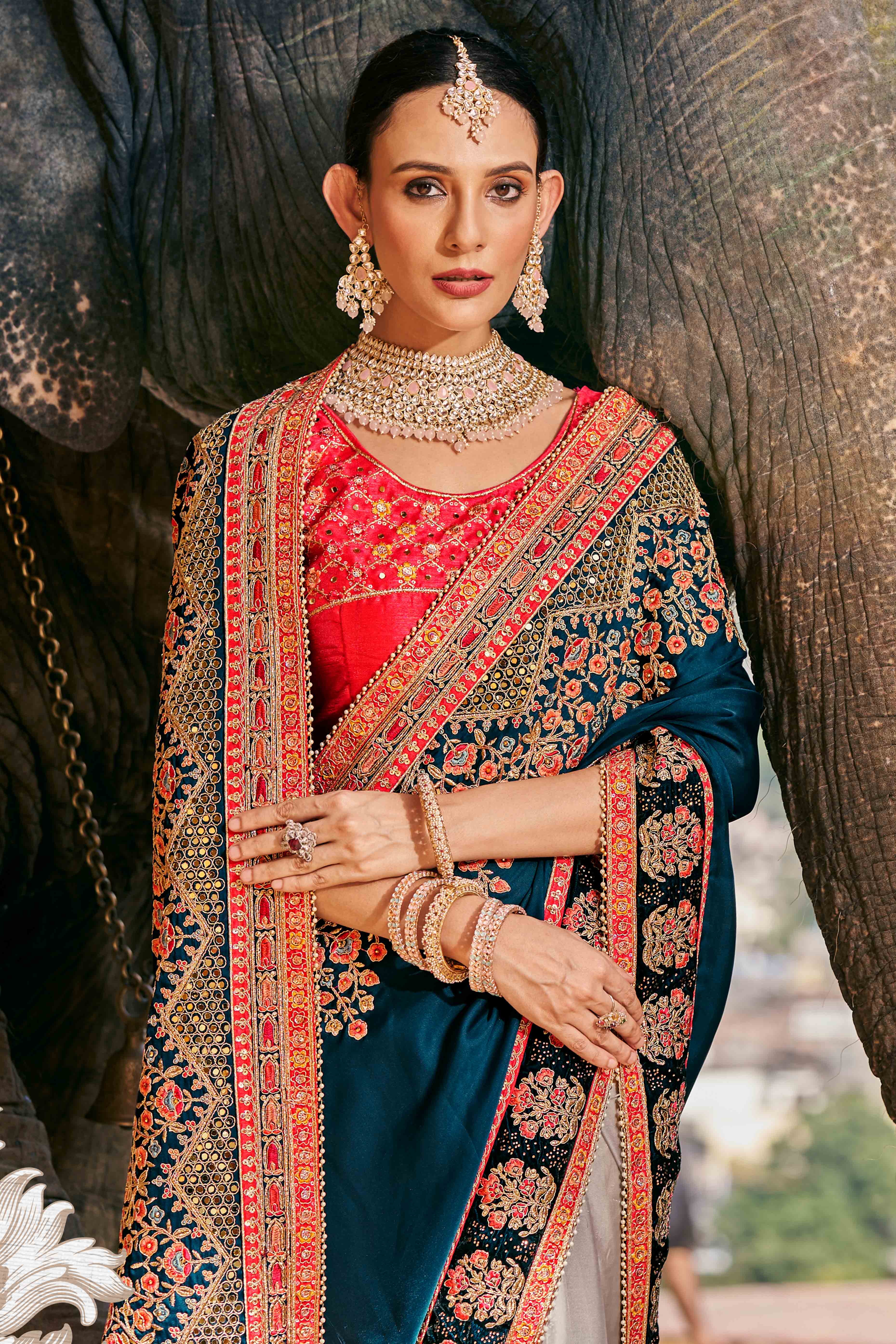 Teal And Off White Sequins With Floral Embroidered Organza Saree - Image 3