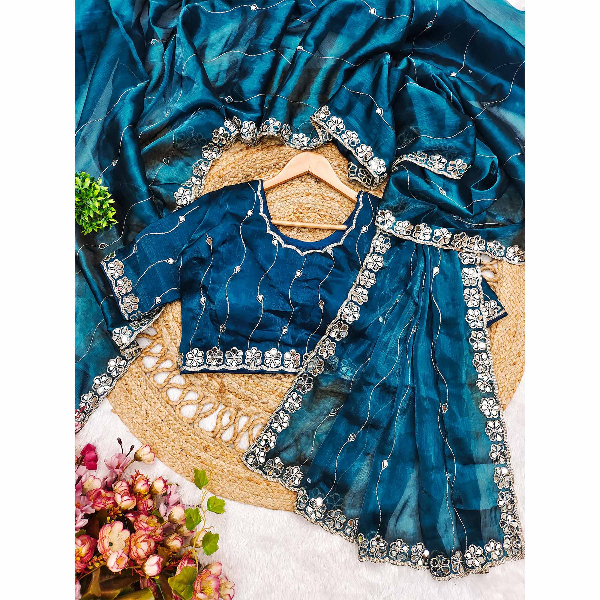 Teal Art Silk Saree Highlighted with Embroidery & Mirror Detailing - Image 4
