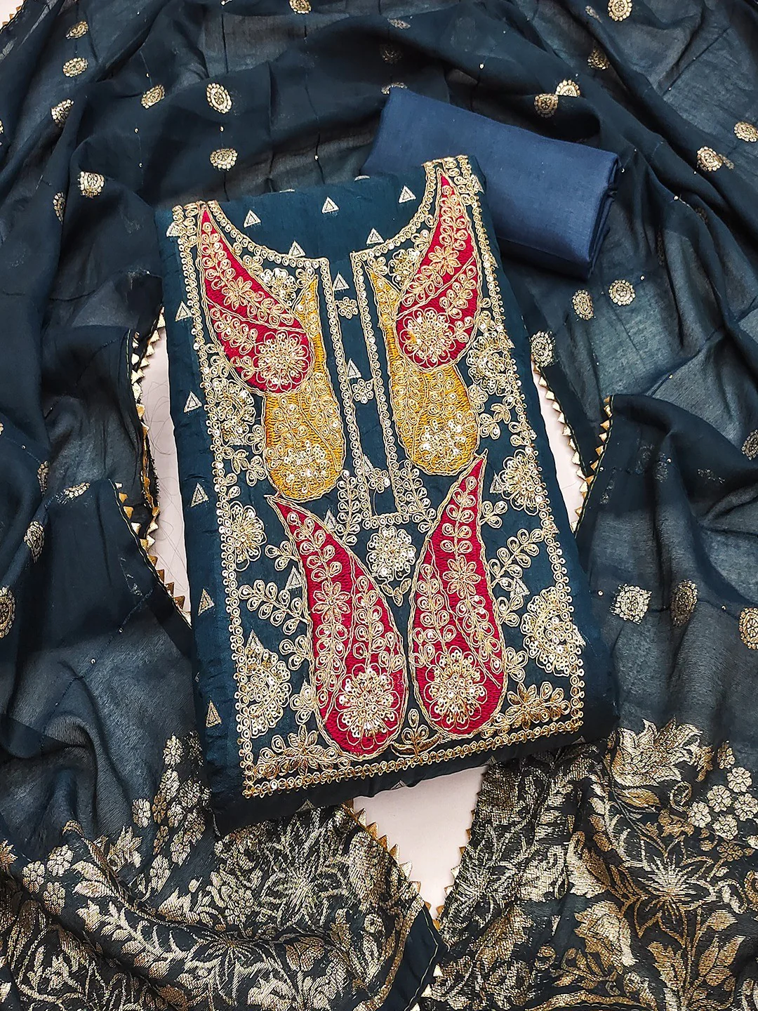 Teal Banarasi Silk Dress Material with Coding Work & Zakhard Dupatta - Image 5