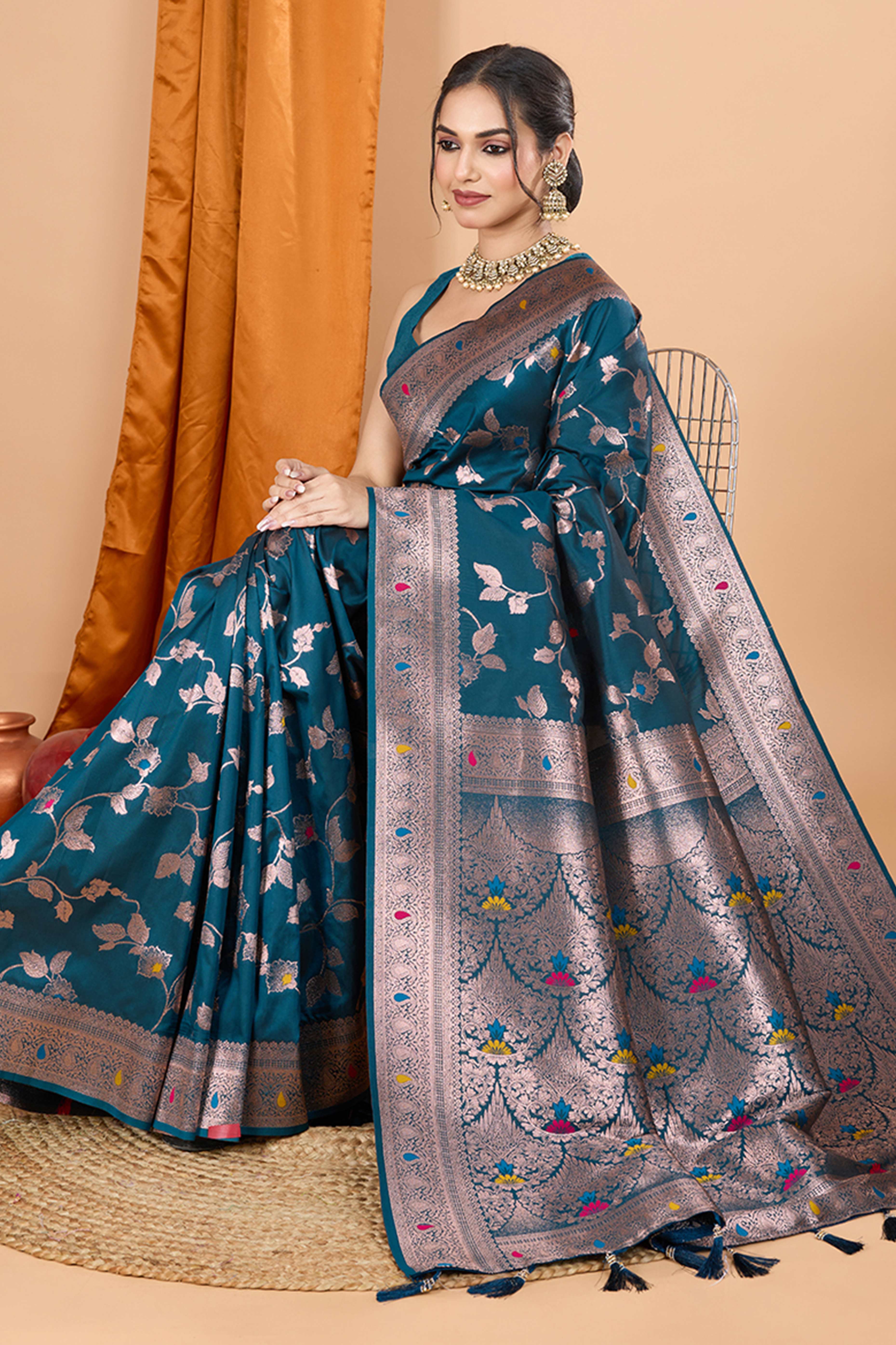 Teal Banarasi Silk Saree With Exquisite Floral Zari Weaving and Elegant Tassels - Image 4