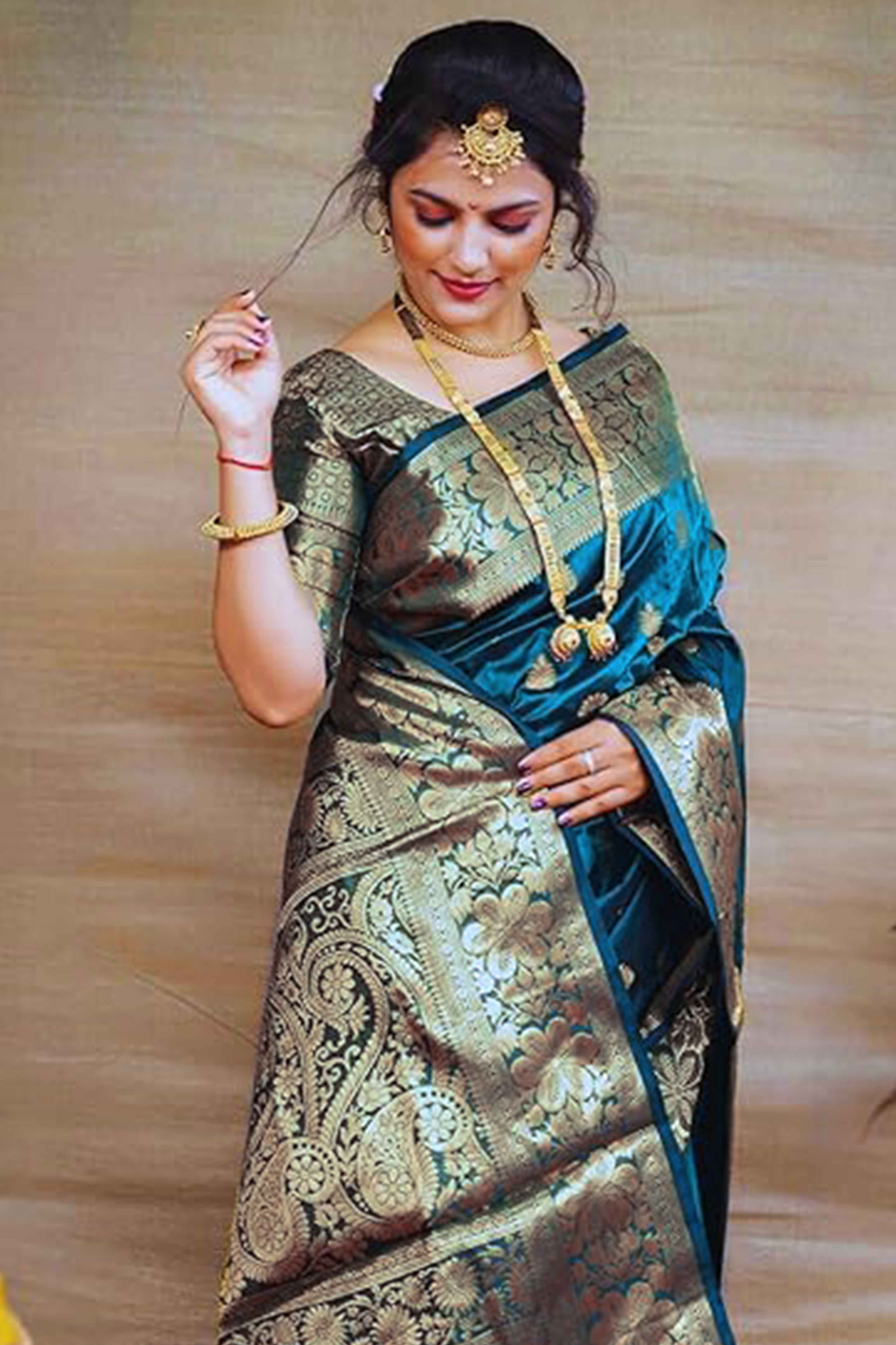 Teal Banarasi Silk Saree With Intricate Zari Butti Weaving - Image 4