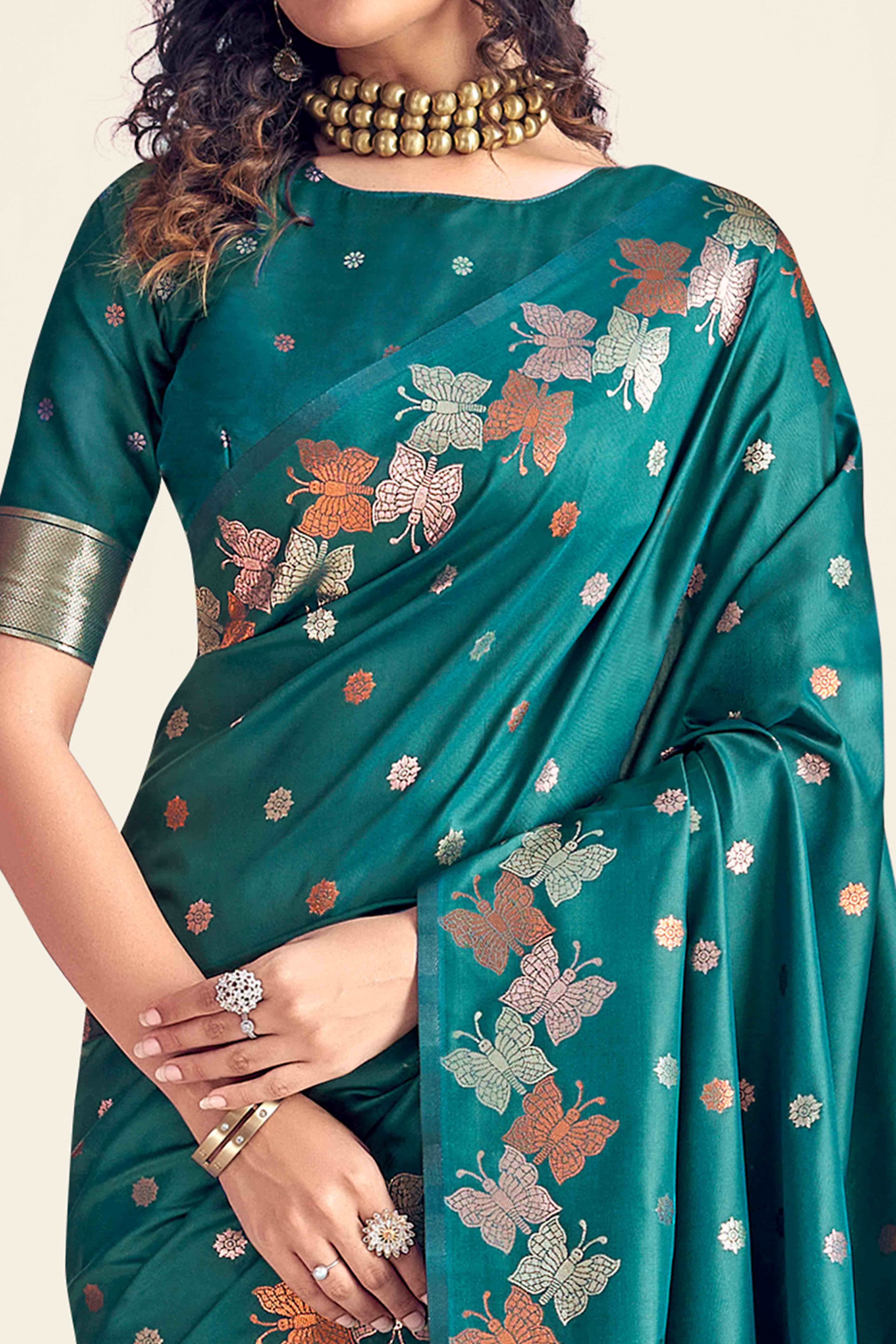 Teal Banarasi Silk Saree With Zari Woven Floral & Butterfly Motifs - Image 2