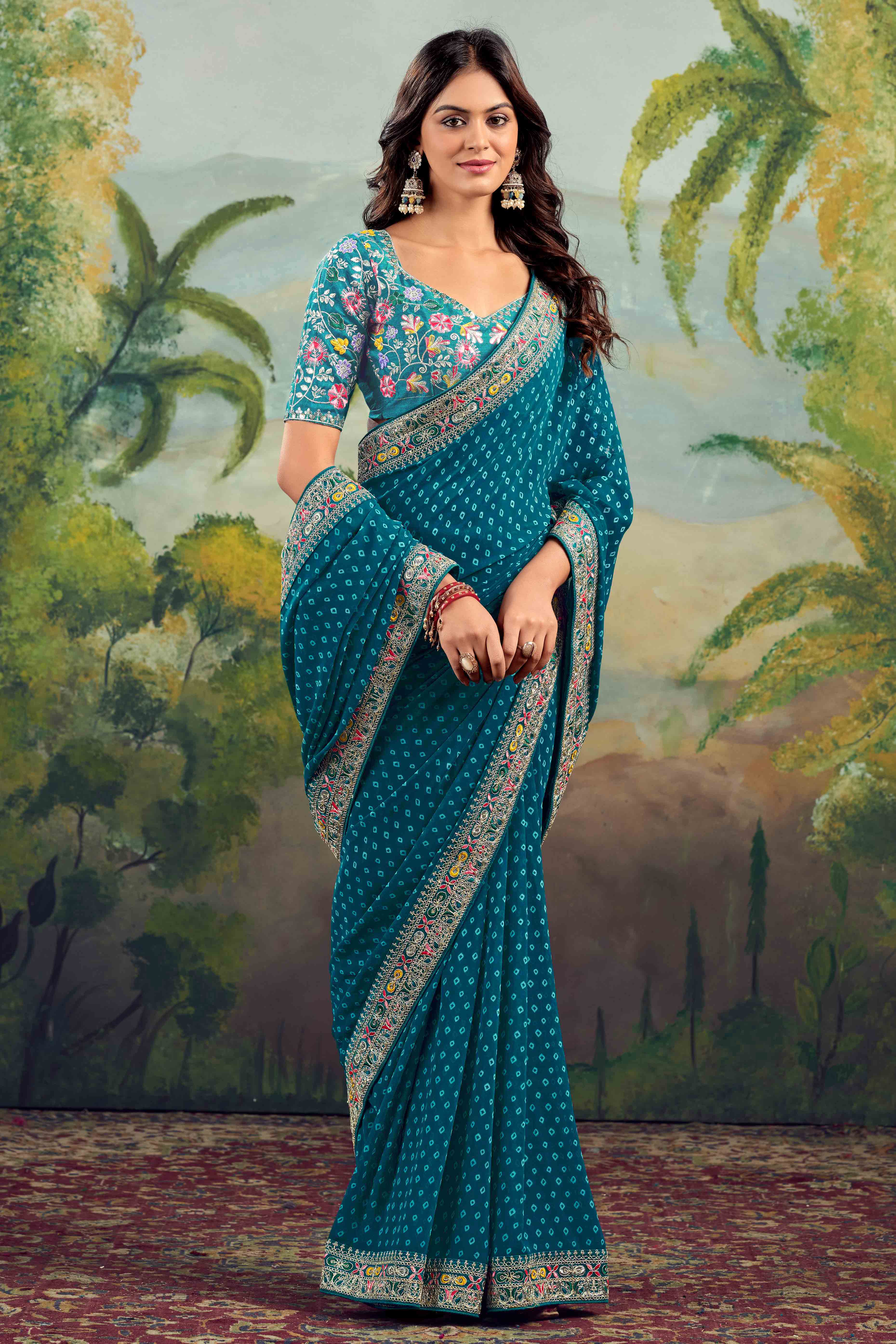 Teal Bandhani Printed Georgette Saree With Embroidered Border - Image 3