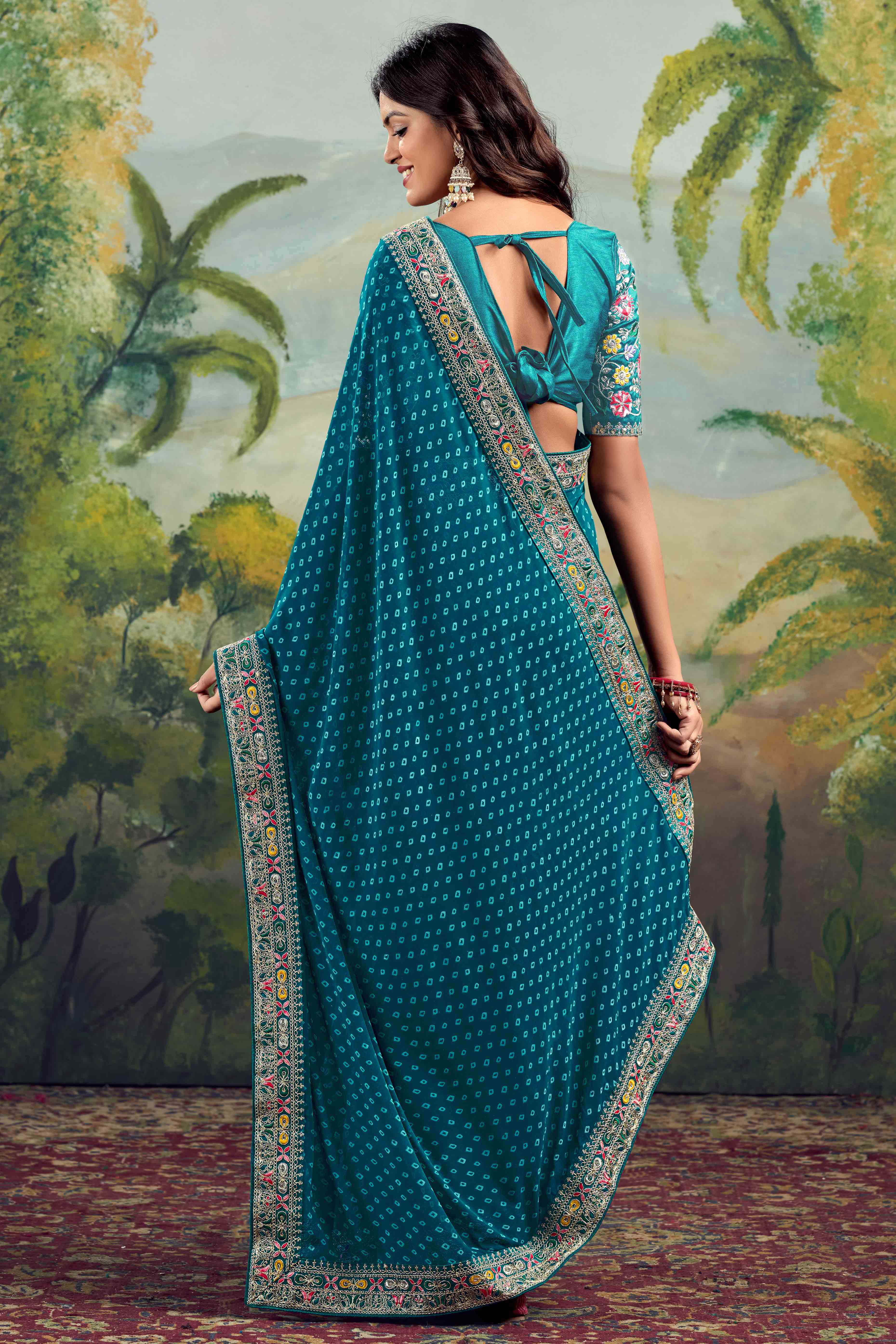 Teal Bandhani Printed Georgette Saree With Embroidered Border - Image 4