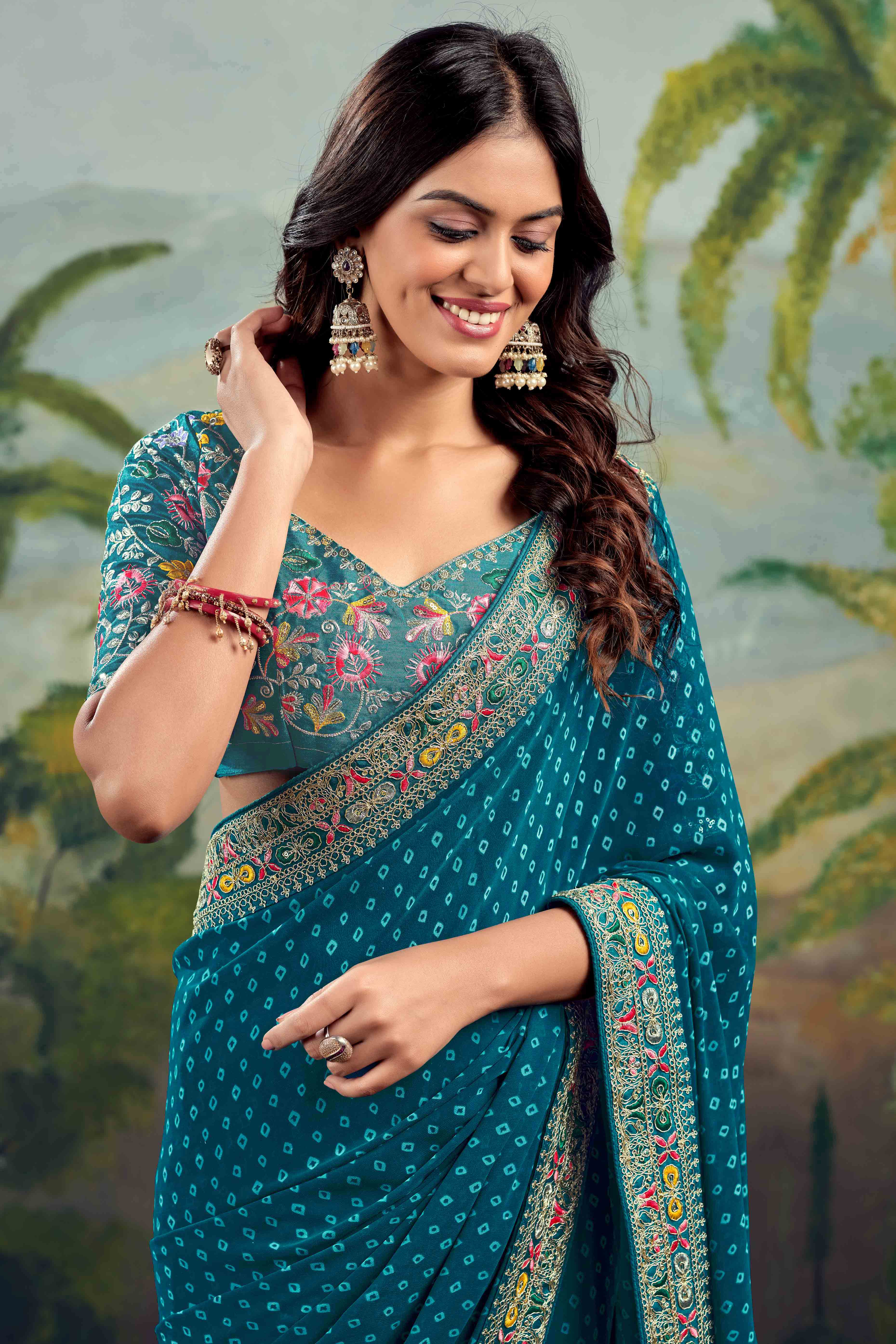Teal Bandhani Printed Georgette Saree With Embroidered Border - Image 5