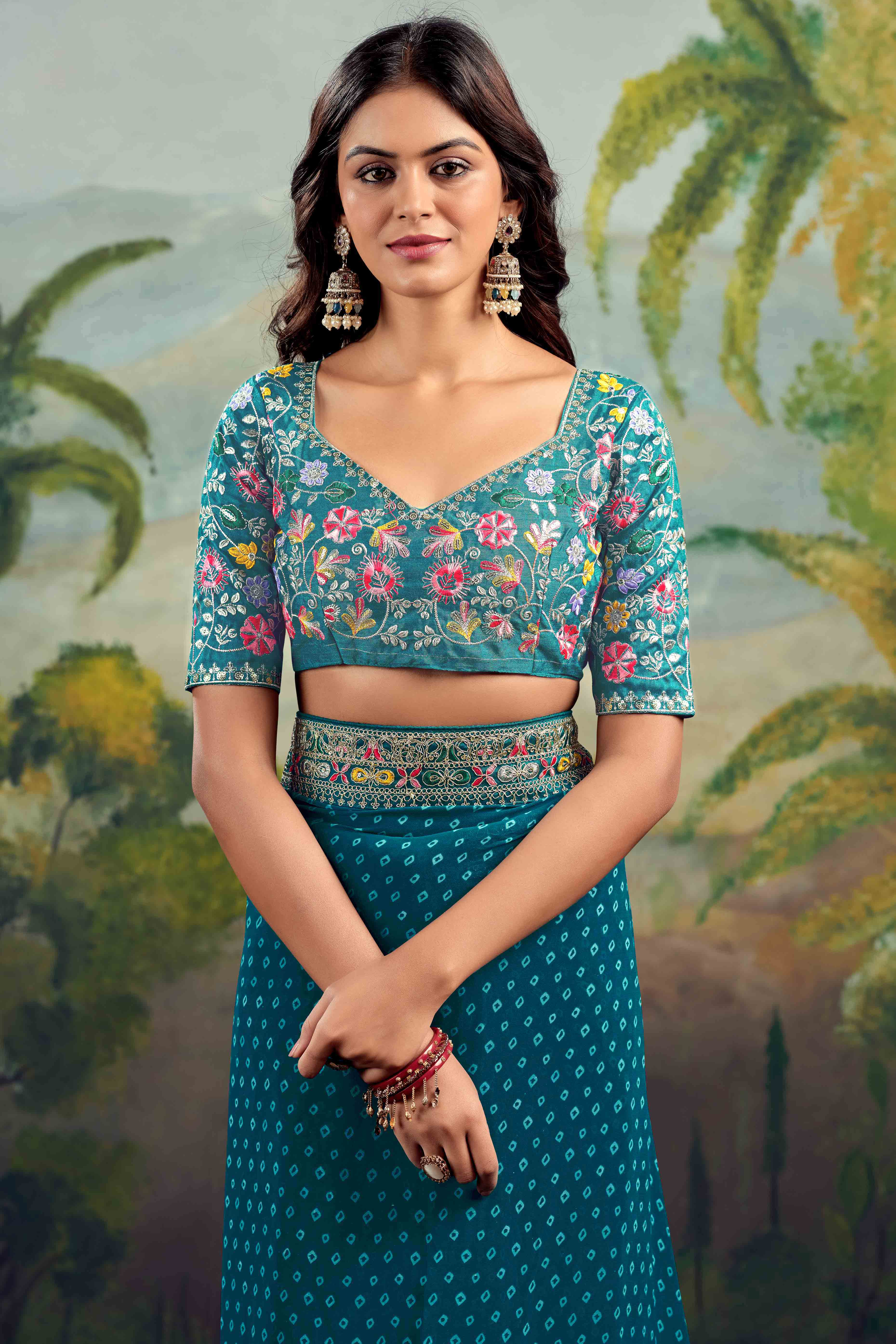 Teal Bandhani Printed Georgette Saree With Embroidered Border - Image 6