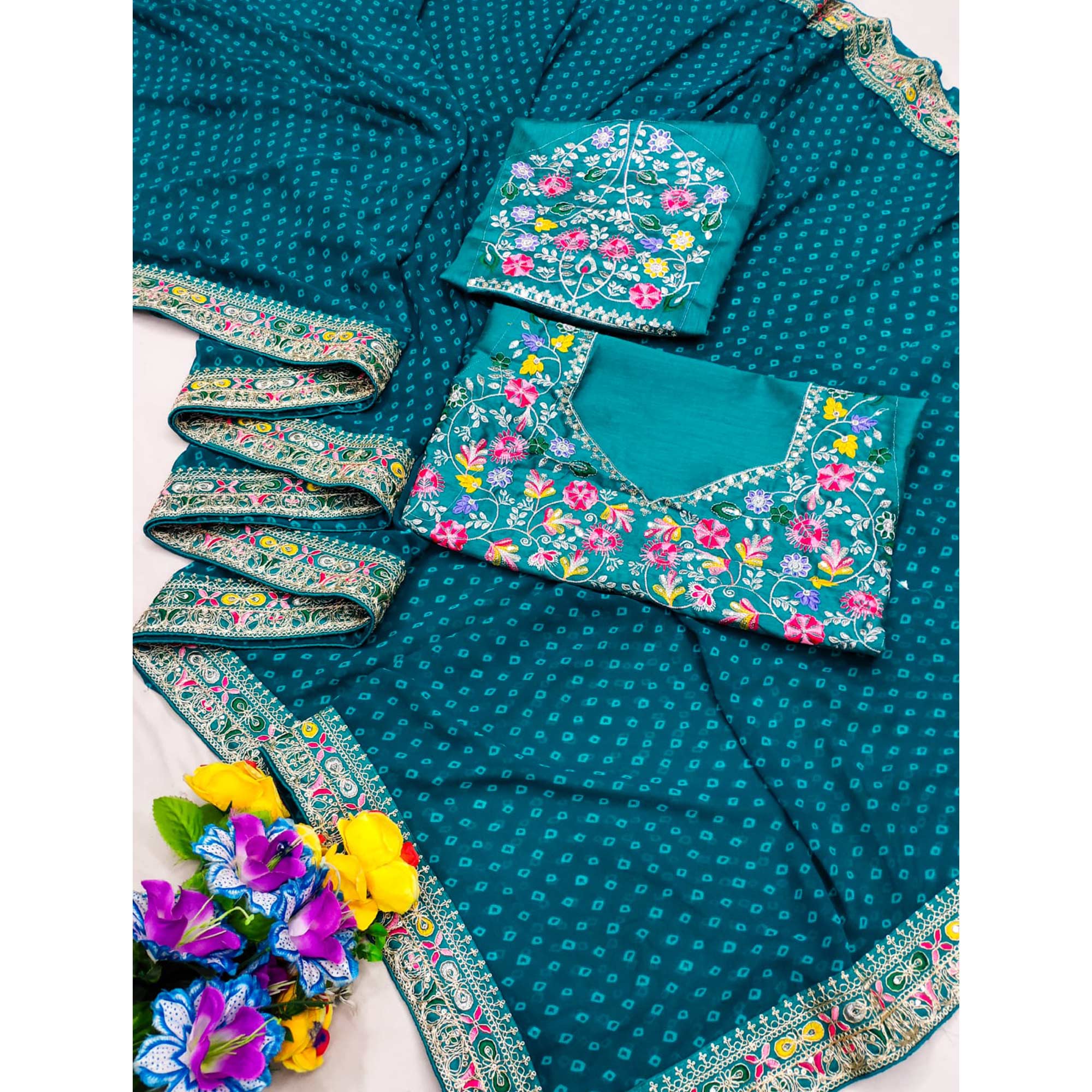 Teal Bandhani Printed Georgette Saree With Embroidered Border - Image 7