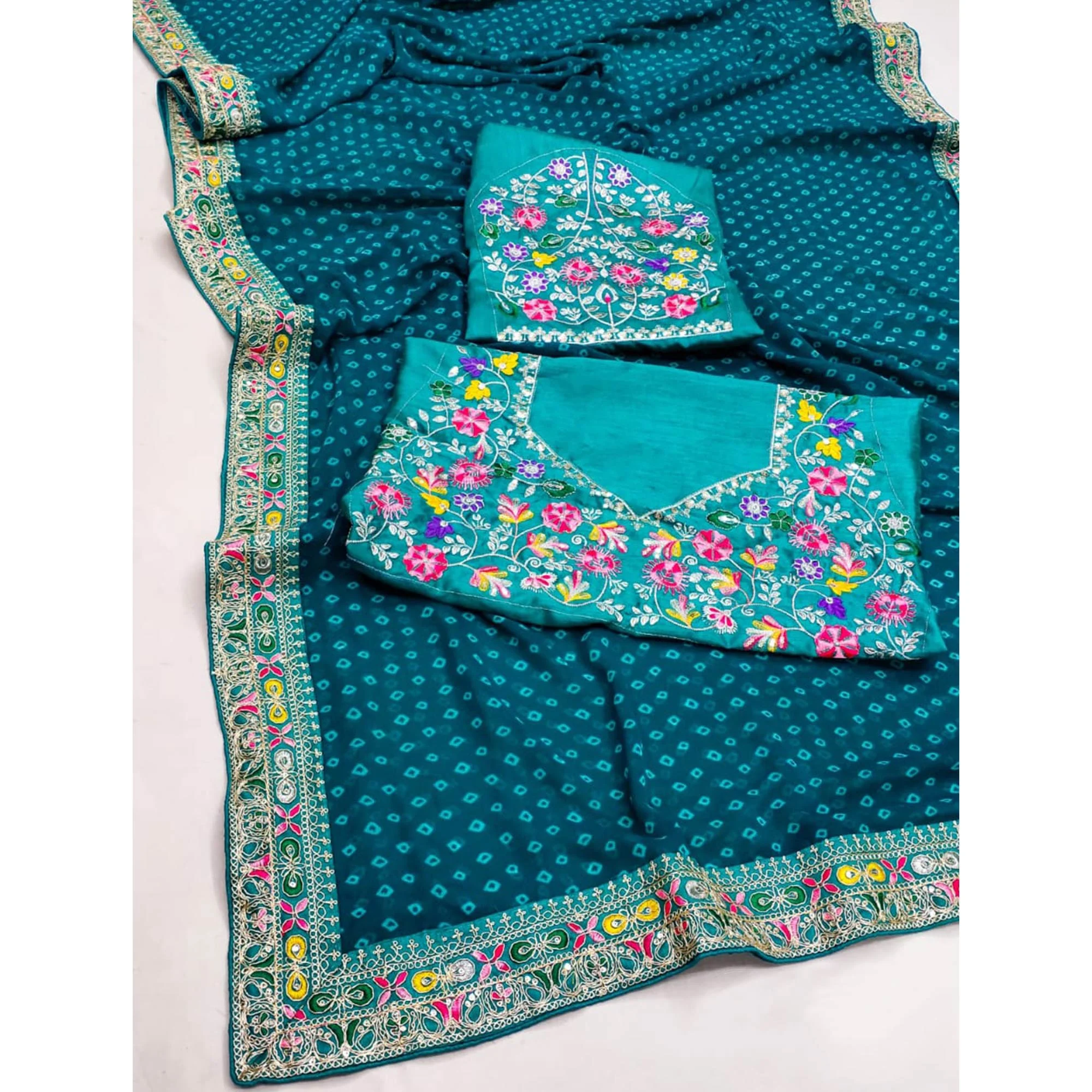 Teal Bandhani Printed Georgette Saree With Embroidered Border - Image 8