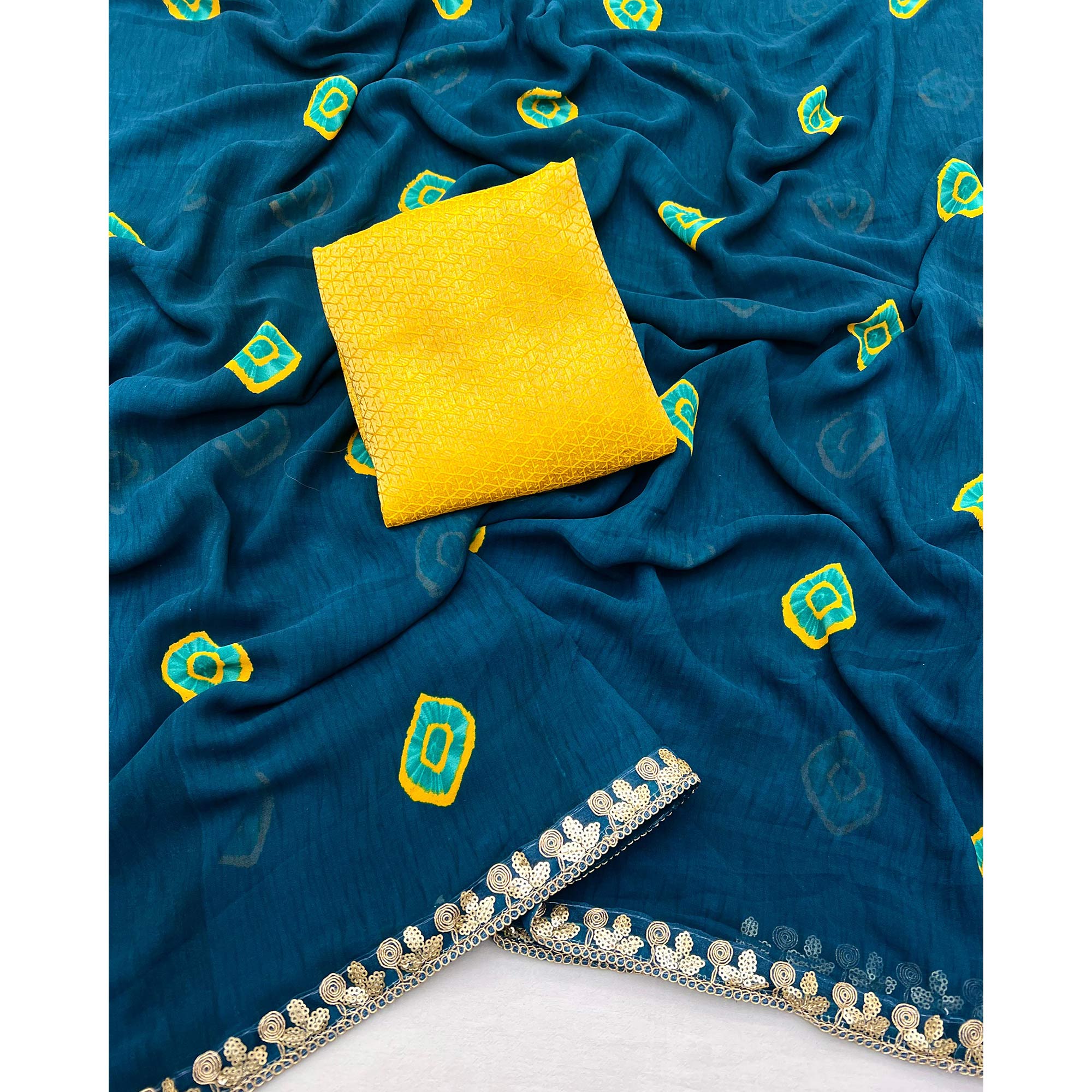 Teal Bandhani Printed Georgette Saree With Sequins Border - Image 3