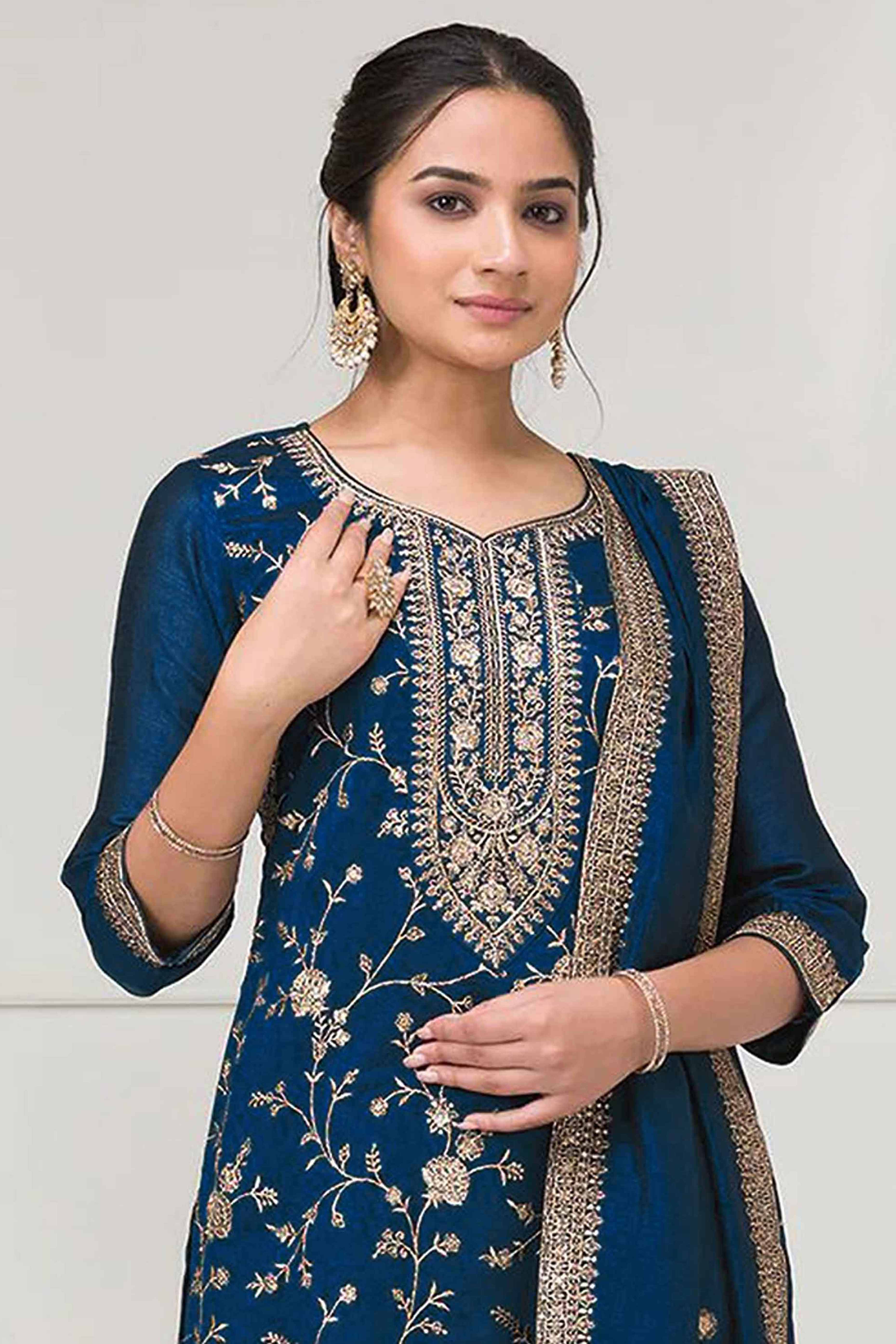 Teal Beautiful Embroidered Pakistani Style Semi-Stitched Salwar Suit in Soft Georgette Fabric - Image 3