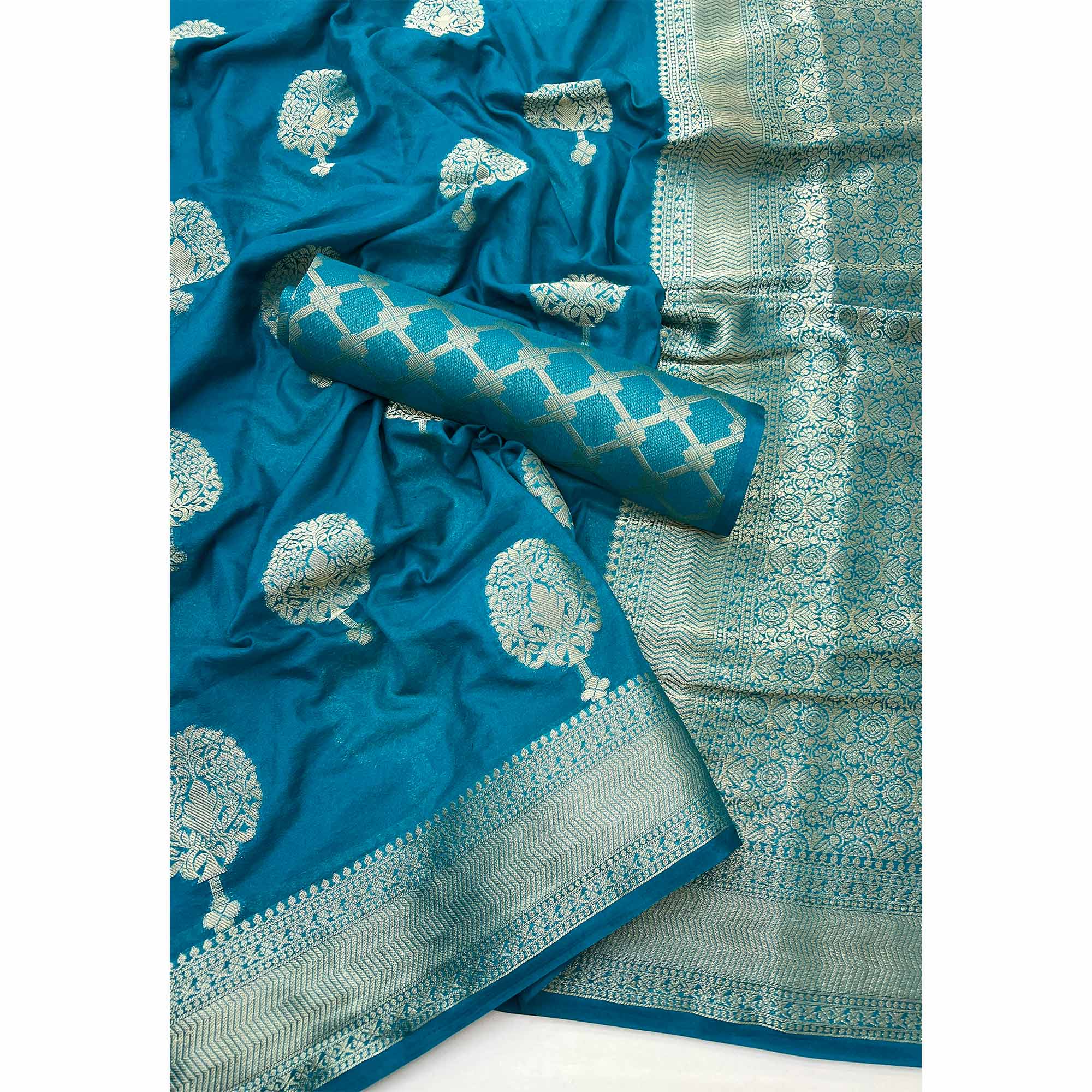 Teal Blue Crepe Silk Saree Featuring Floral Zari Weave & Graceful Tassel Pallu - Image 3