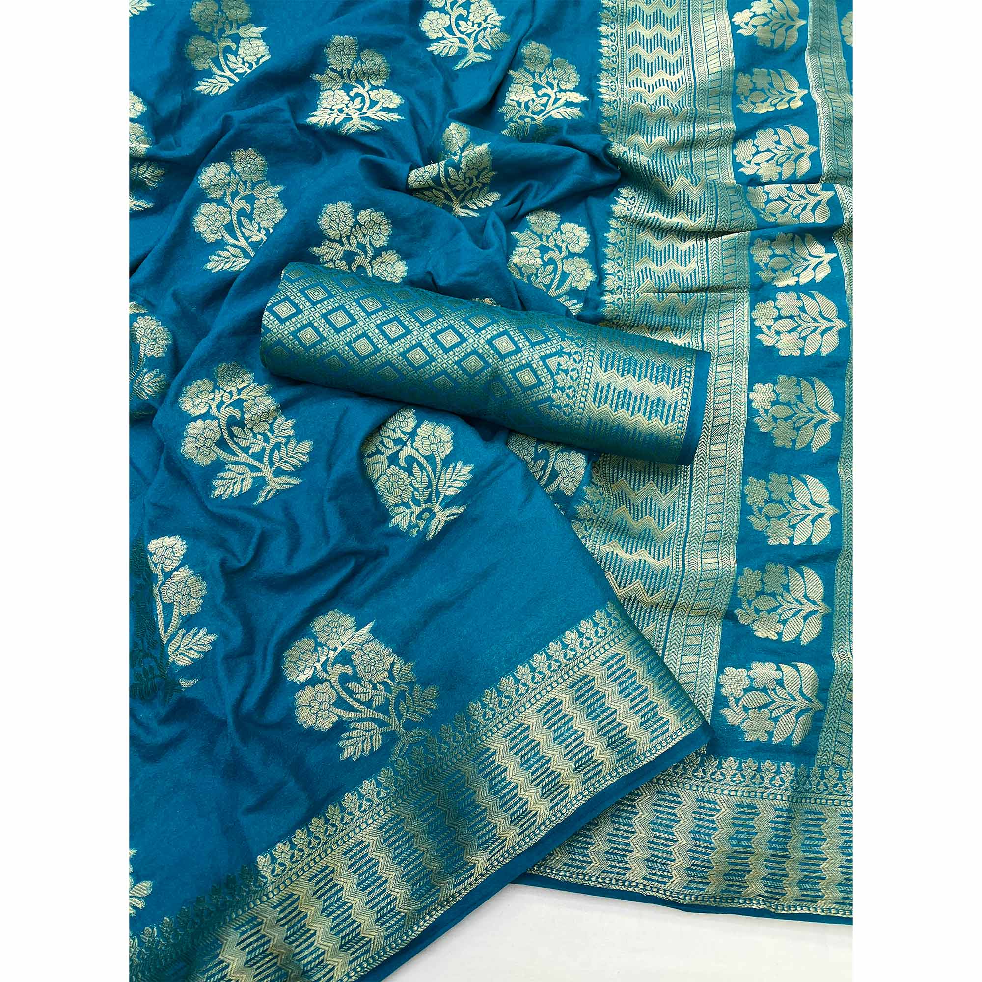 Teal Blue Crepe Silk Saree With Floral Zari Weaving & Stylish Tassel Pallu - Image 3