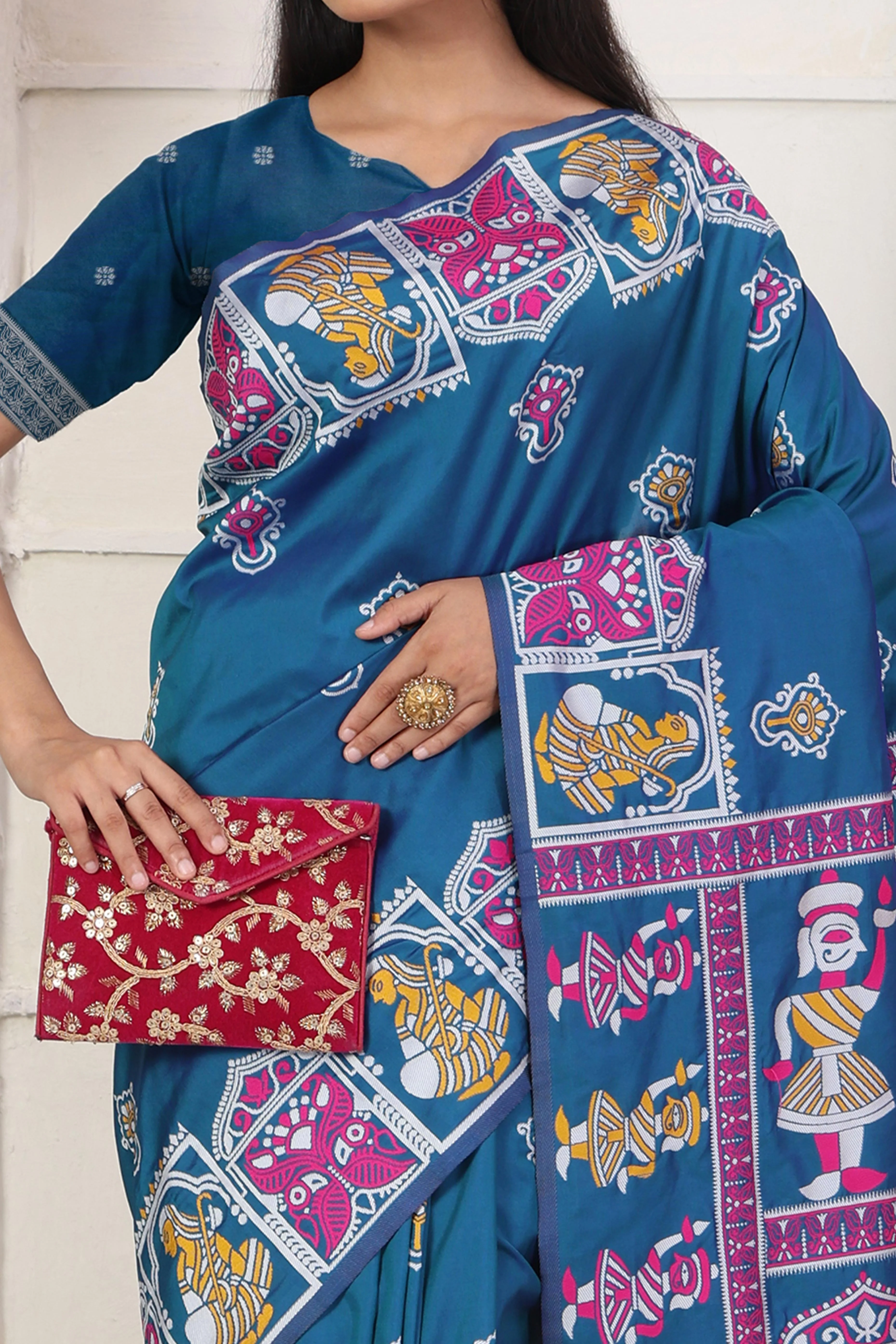 Teal Blue Ethnic Madhubani Print Silk Blend Saree Enhanced With Tassel Pallu Accents - Image 2