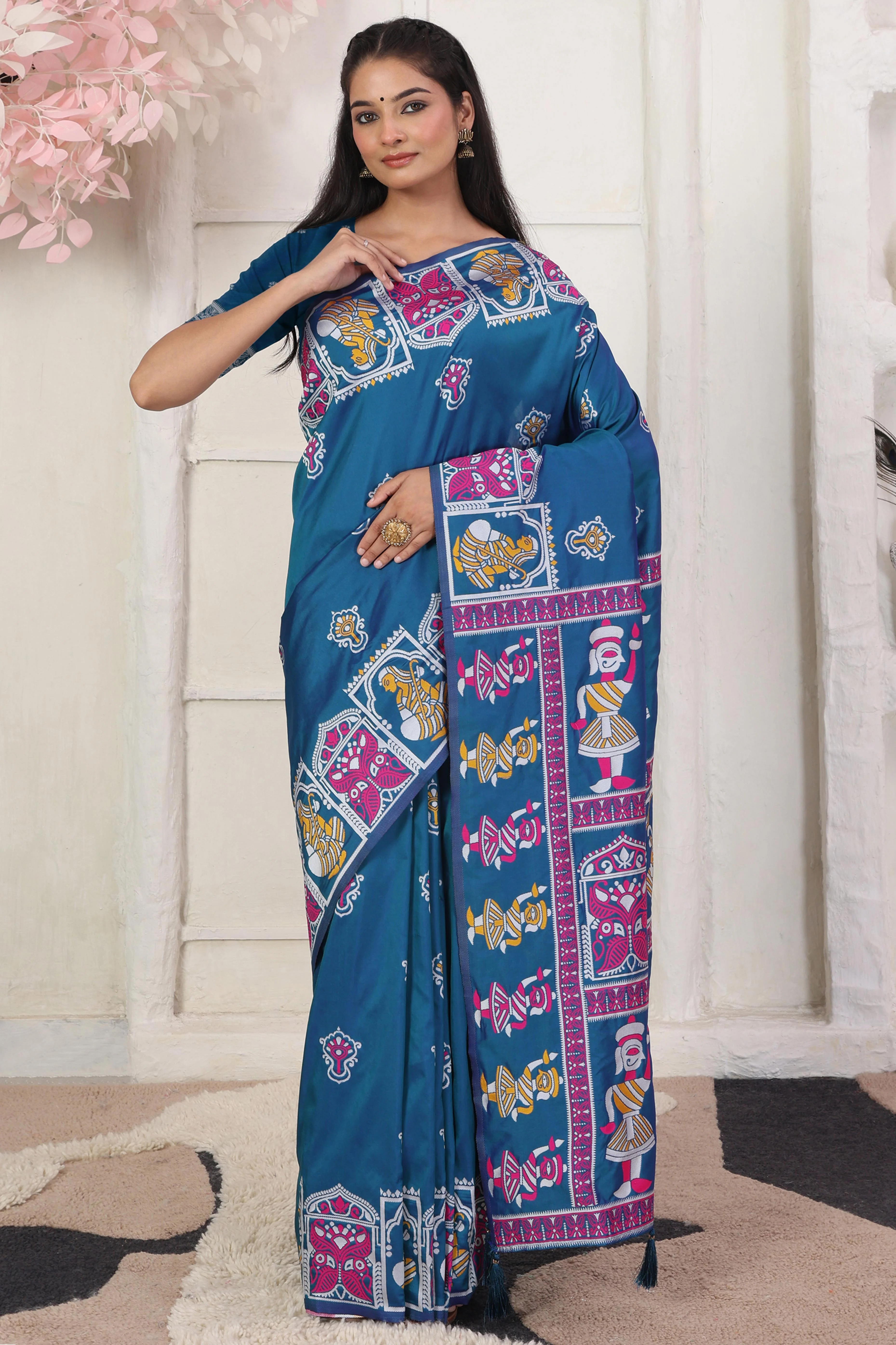 Teal Blue Ethnic Madhubani Print Silk Blend Saree Enhanced With Tassel Pallu Accents - Image 3