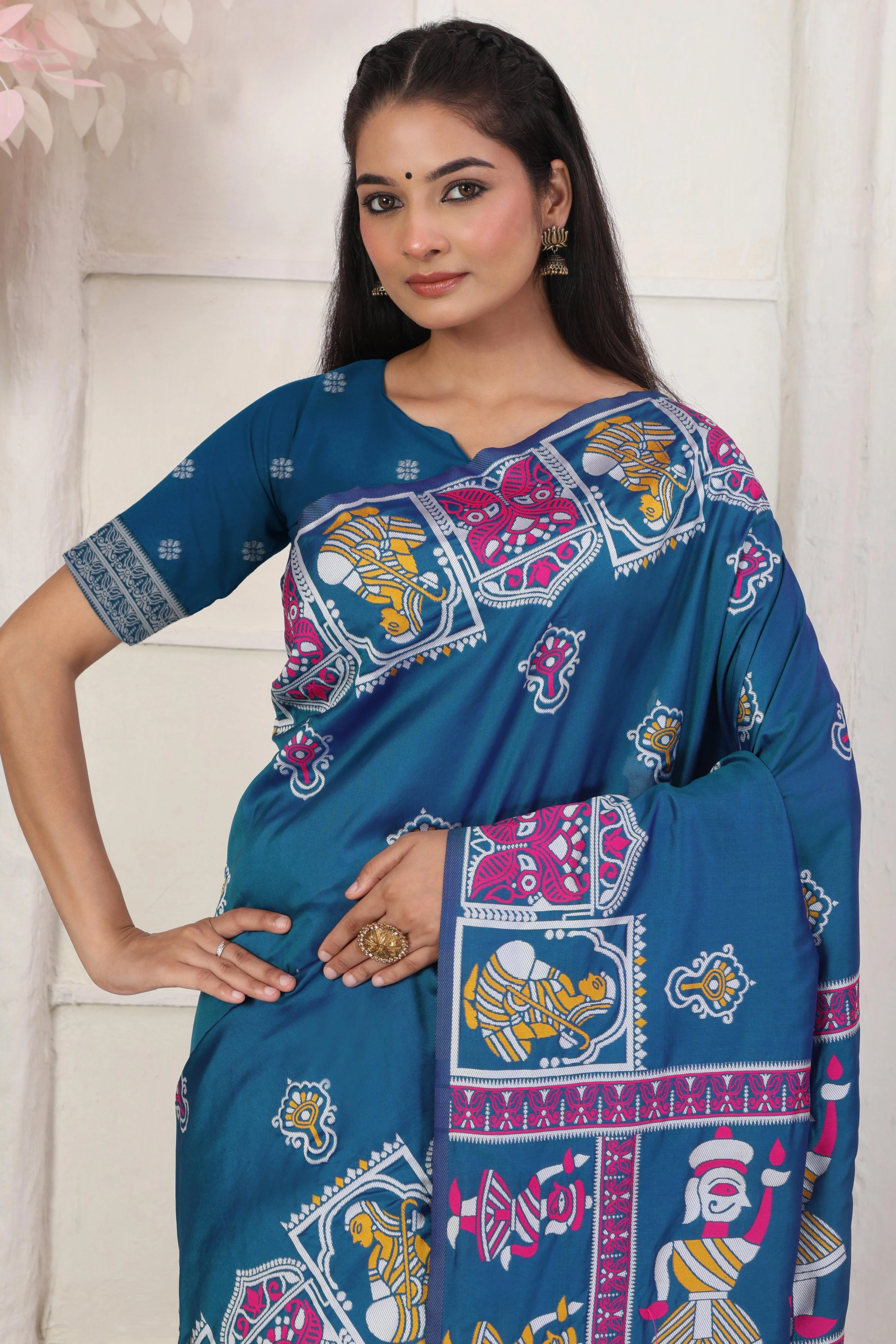Teal Blue Ethnic Madhubani Print Silk Blend Saree Enhanced With Tassel Pallu Accents - Image 7