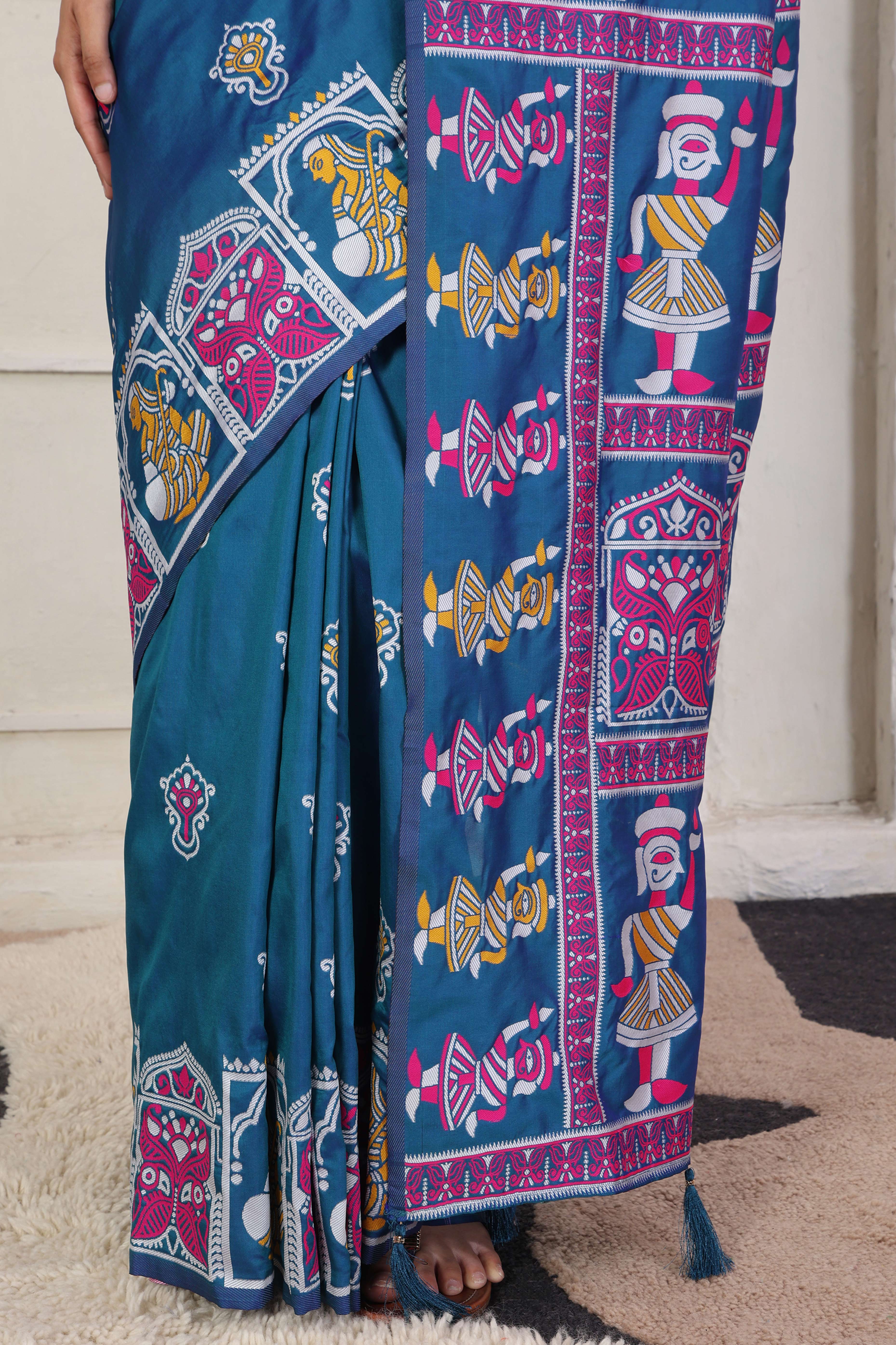 Teal Blue Ethnic Madhubani Print Silk Blend Saree Enhanced With Tassel Pallu Accents - Image 9