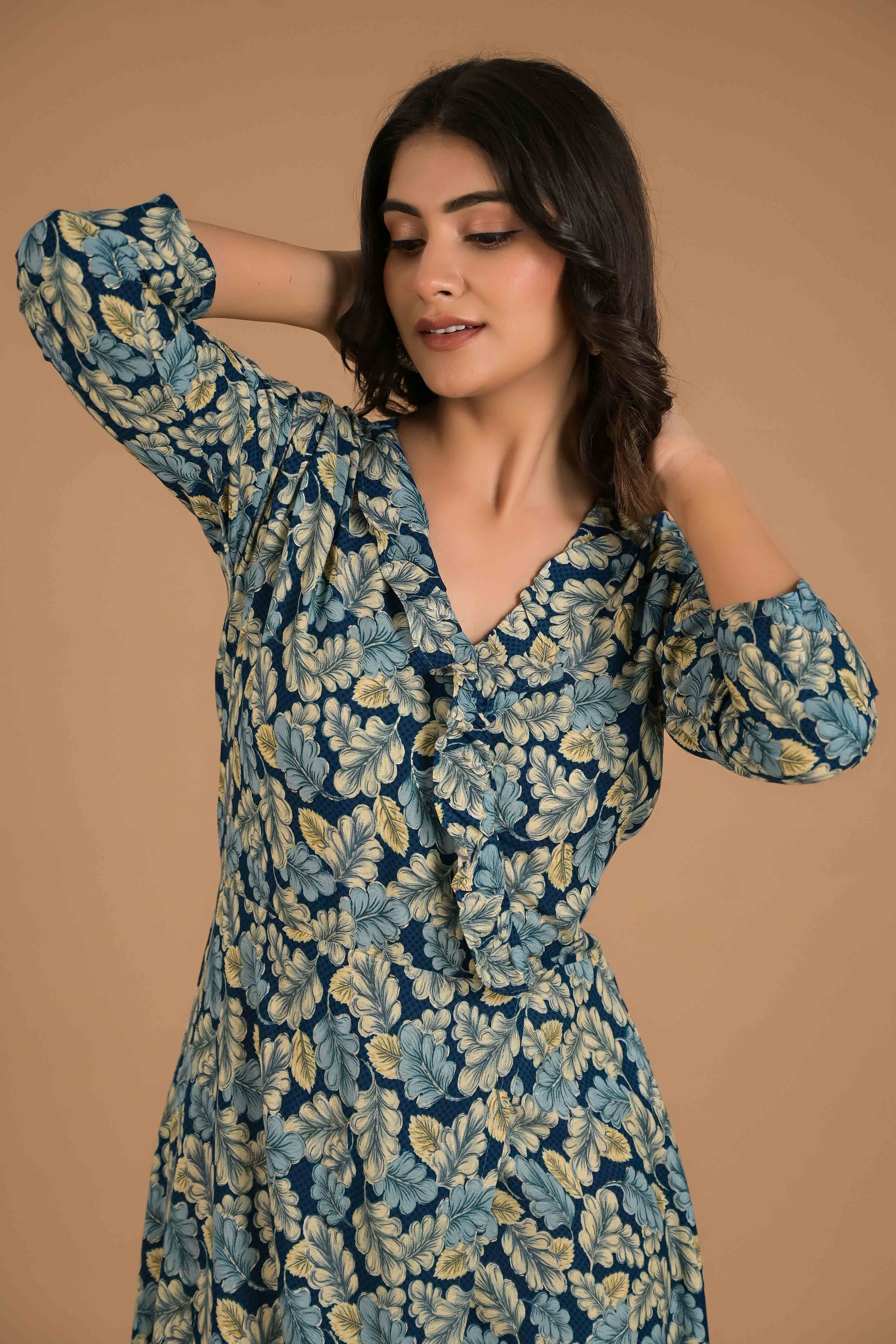 Teal Blue Floral Printed Rayon Maxi Dress - Image 2