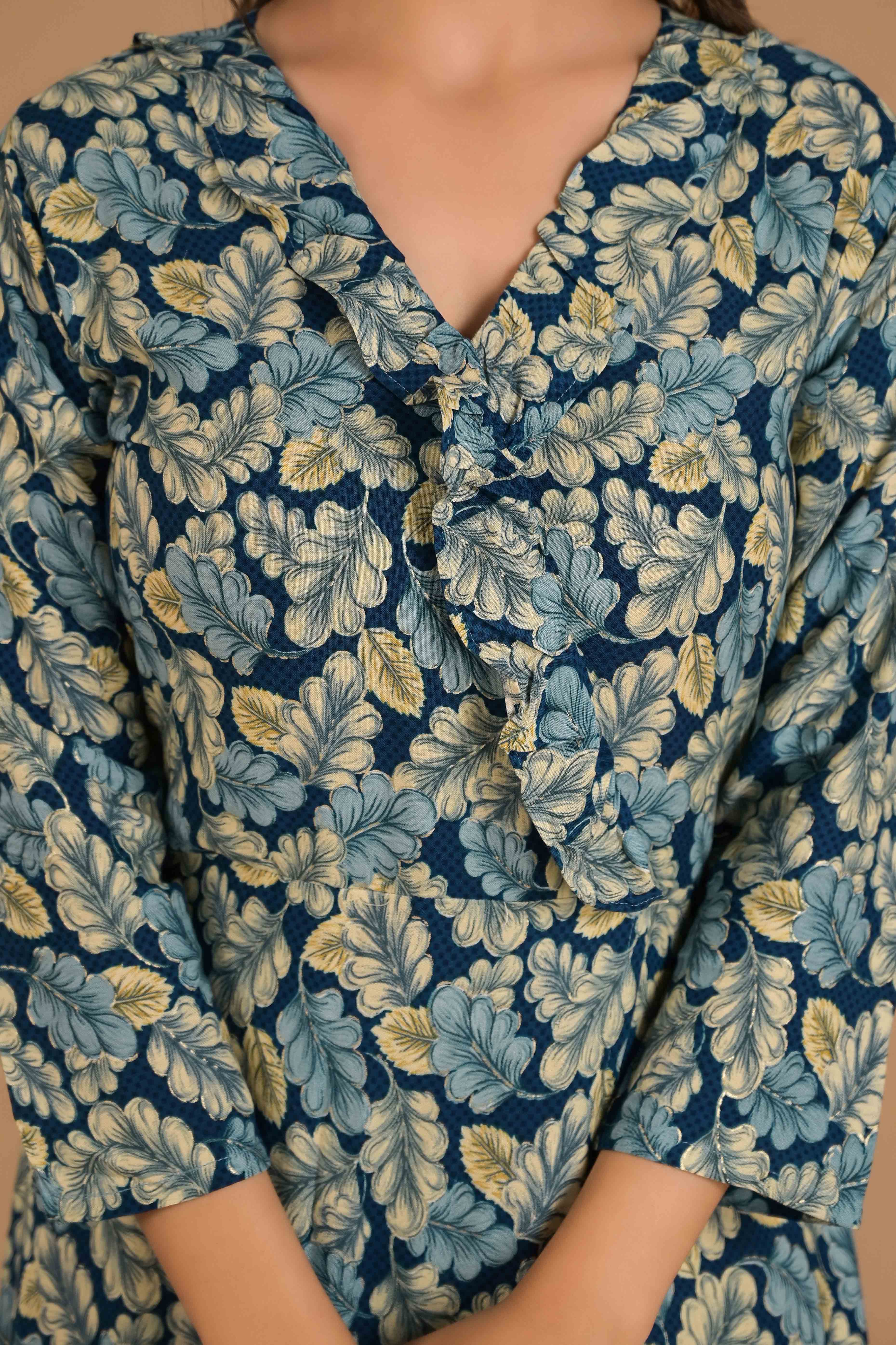 Teal Blue Floral Printed Rayon Maxi Dress - Image 3