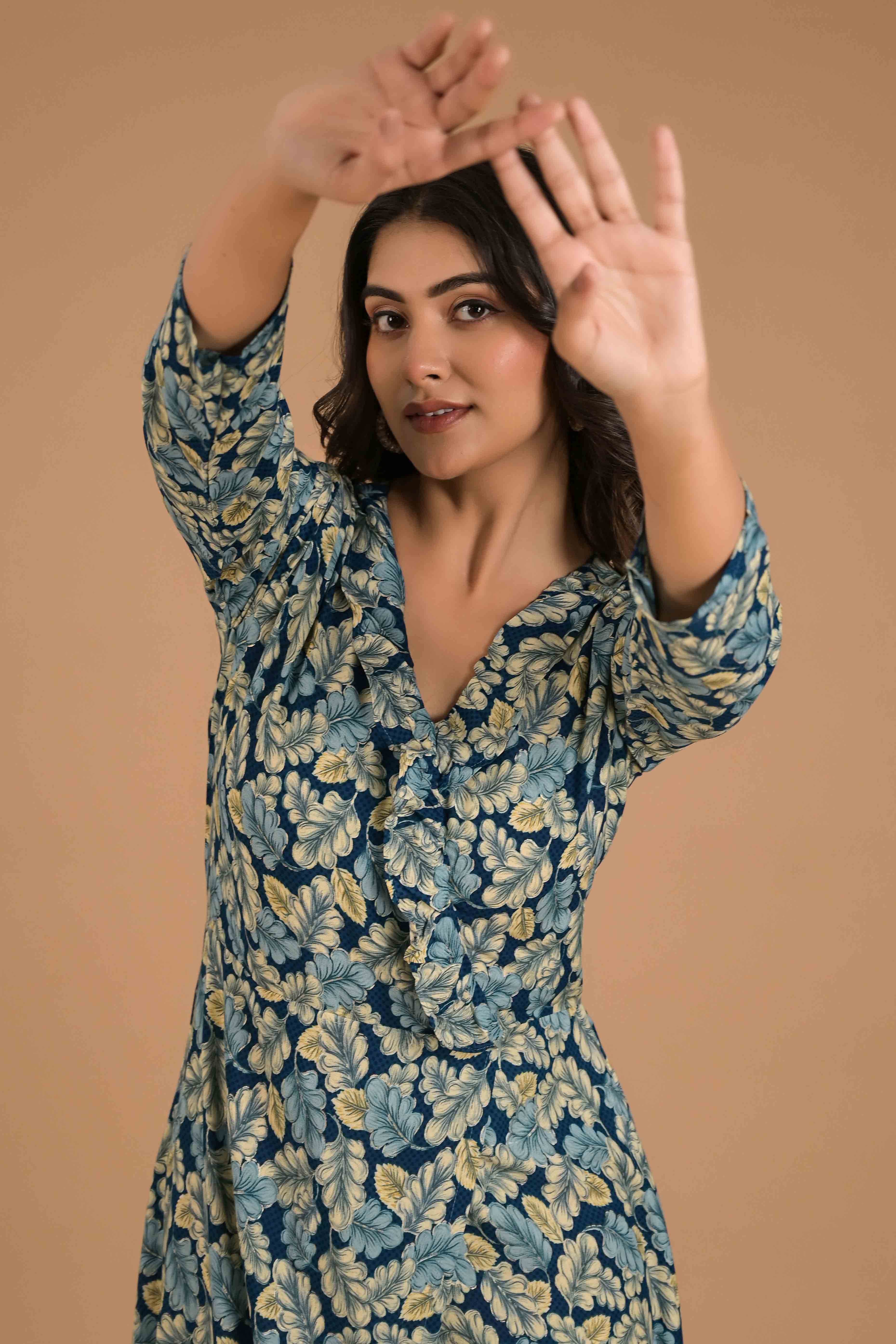 Teal Blue Floral Printed Rayon Maxi Dress - Image 4
