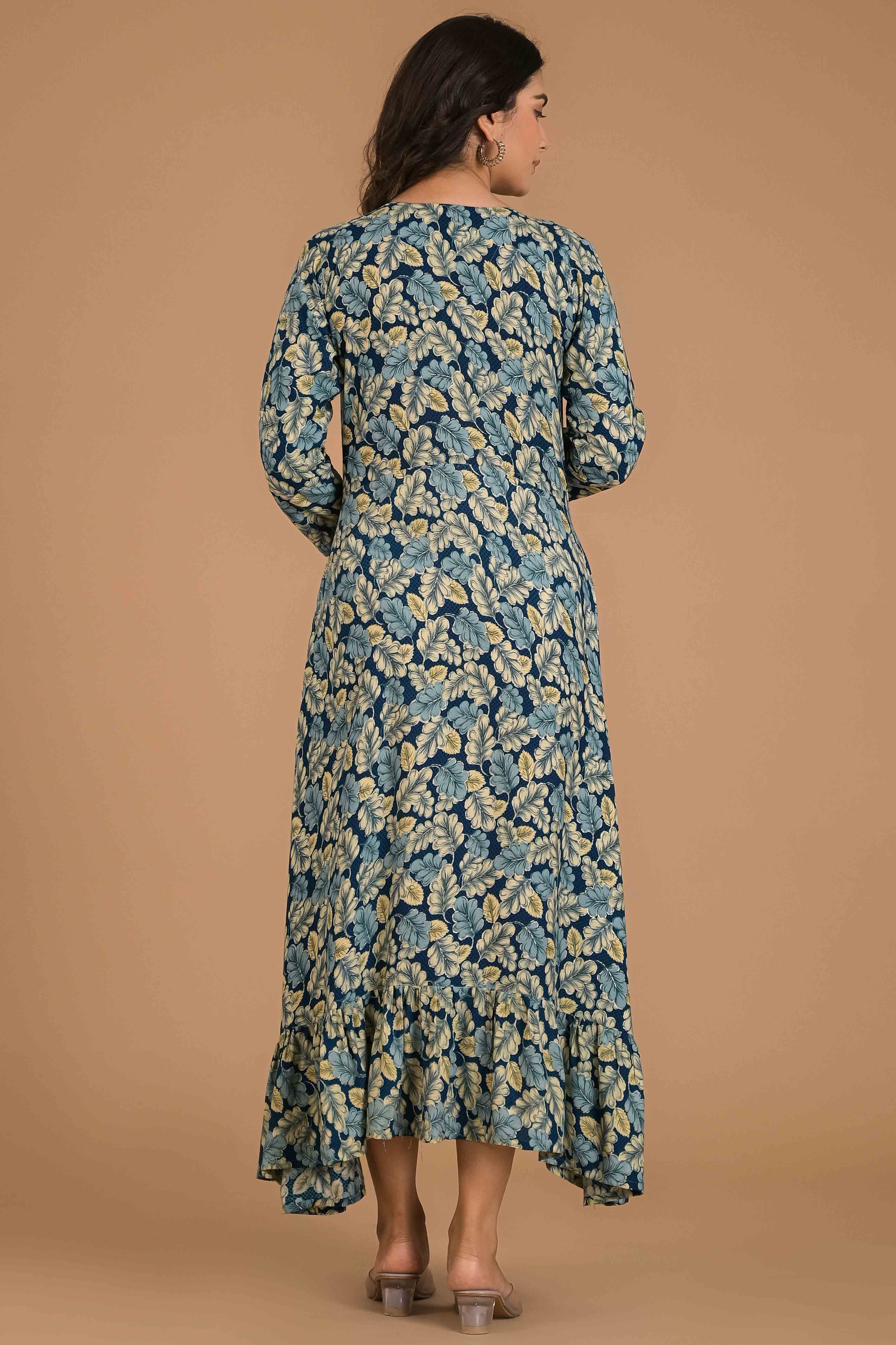 Teal Blue Floral Printed Rayon Maxi Dress - Image 5
