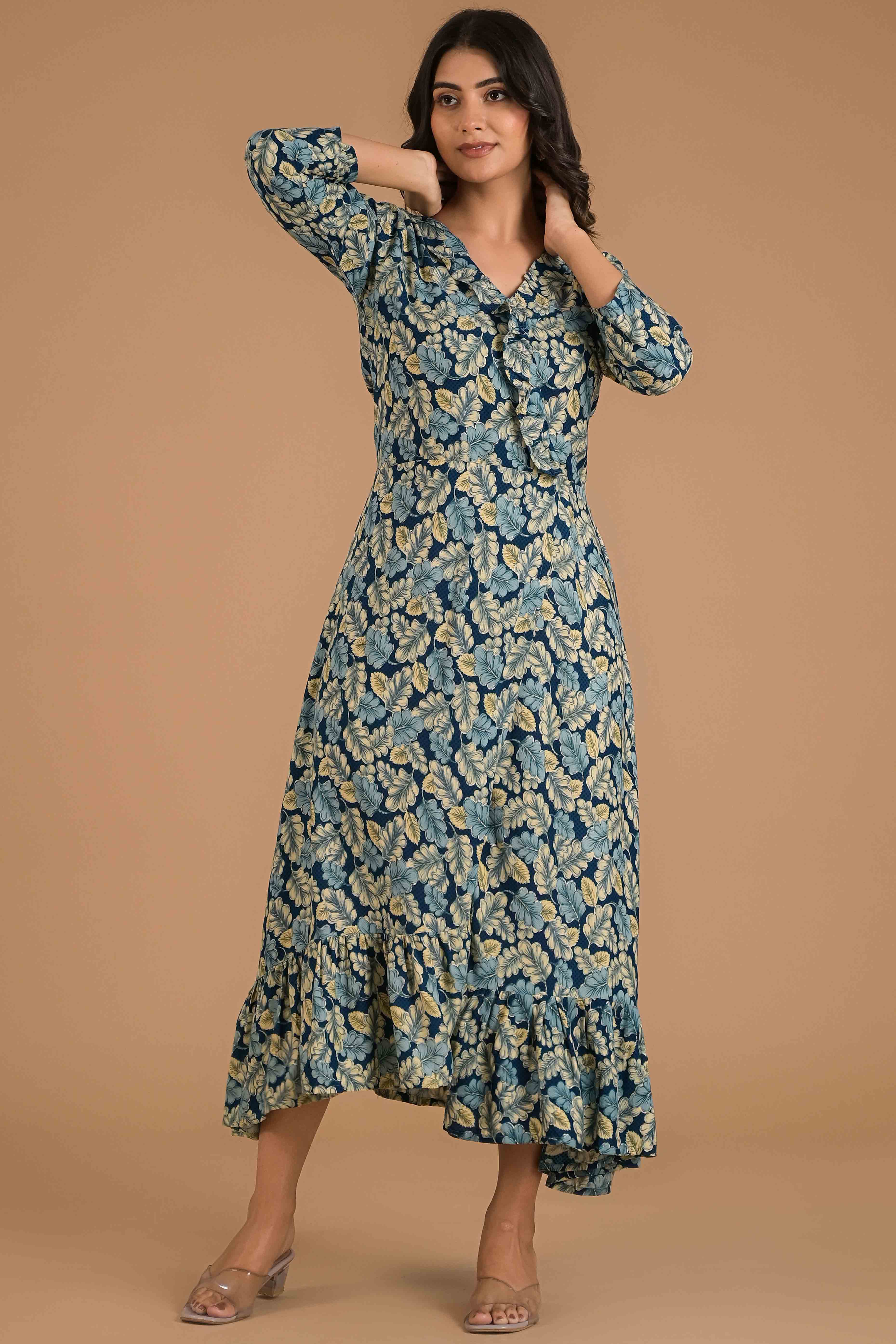 Teal Blue Floral Printed Rayon Maxi Dress - Image 7