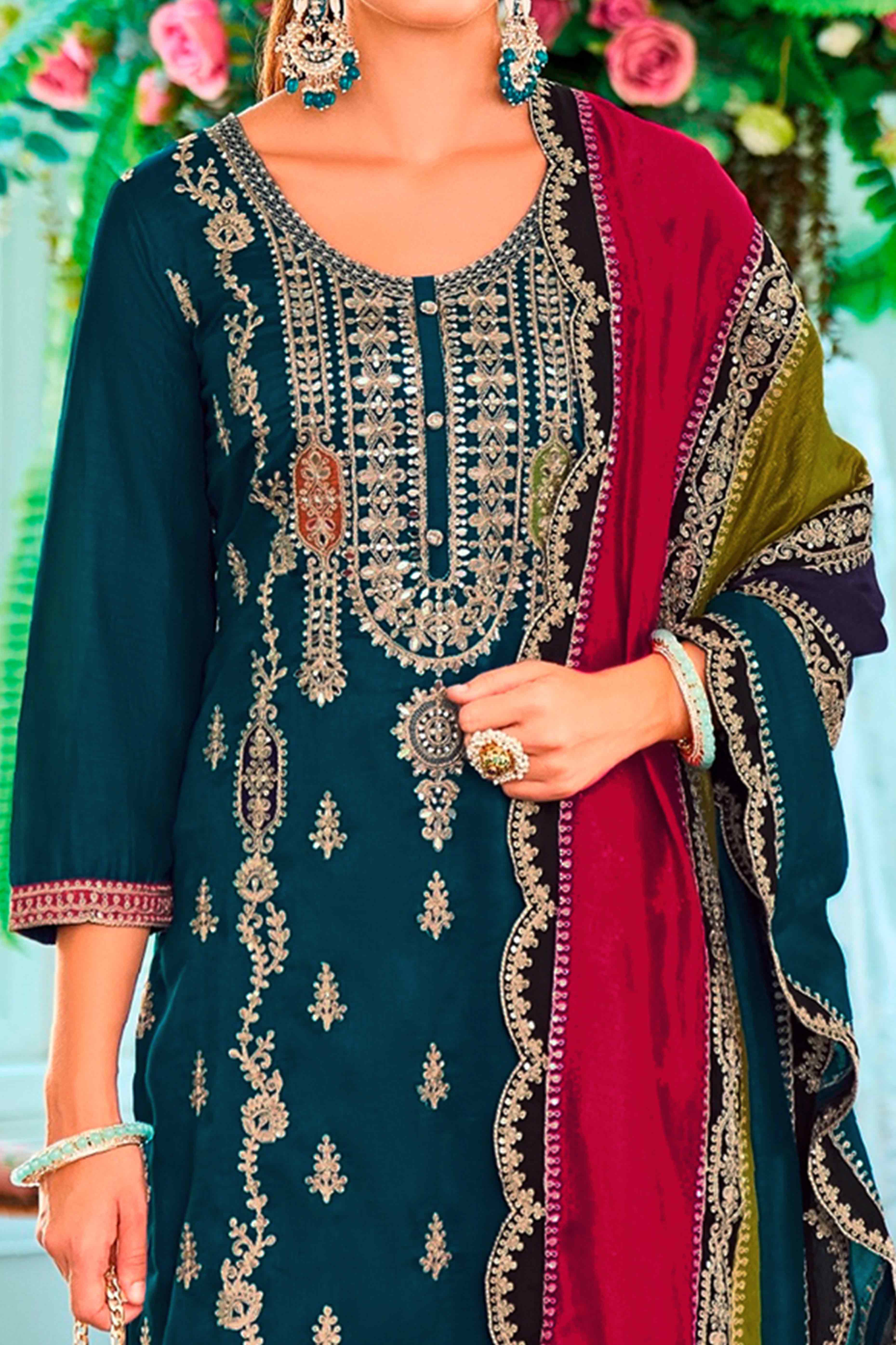Teal Blue Floral Sequins Embroidered Chinon Semi Stitched Palazzo Suit - Image 2