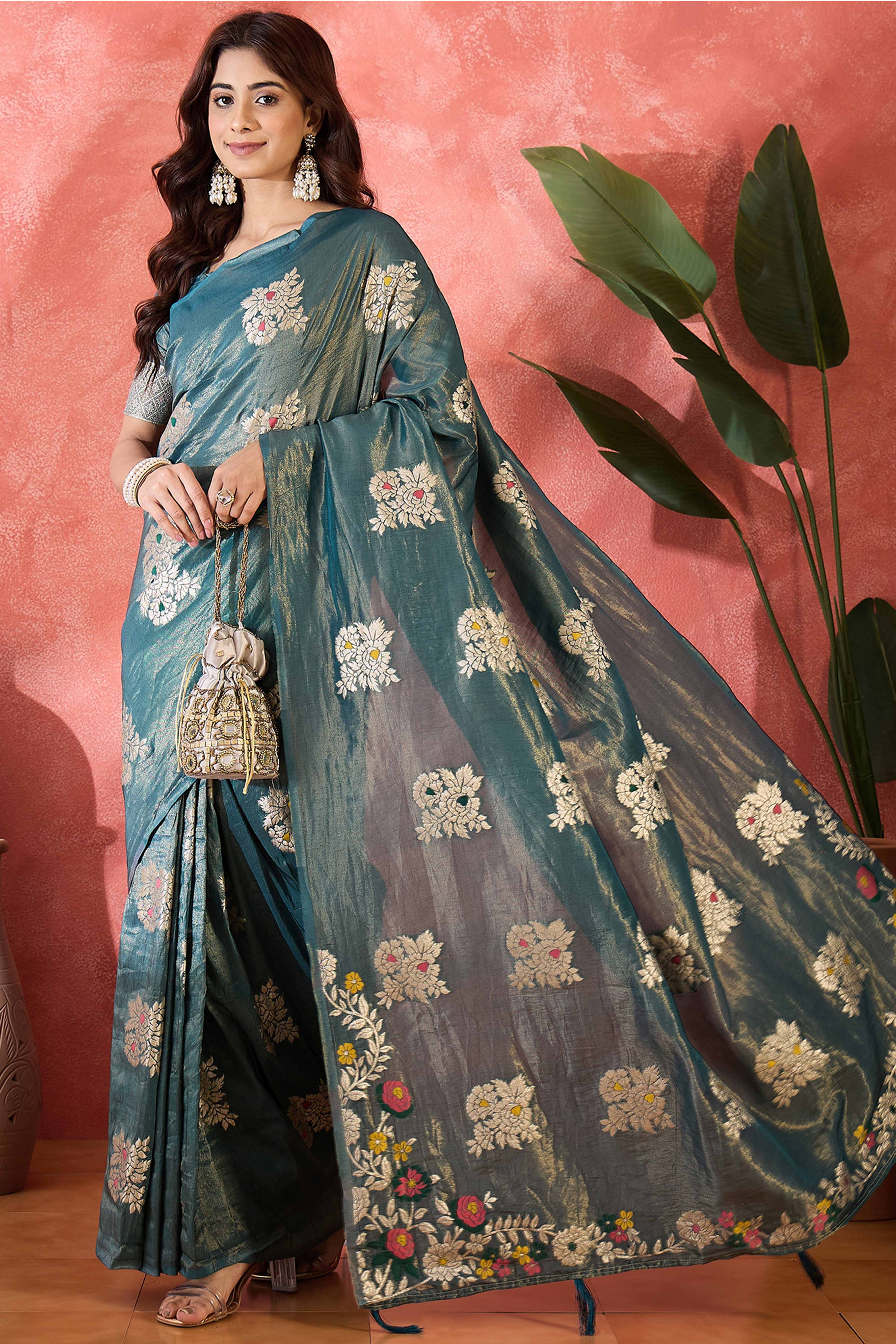 Teal Blue Saree In Shimmer Fabric With Floral Zari Weaving & Decorative Tassel Pallu - Image 4