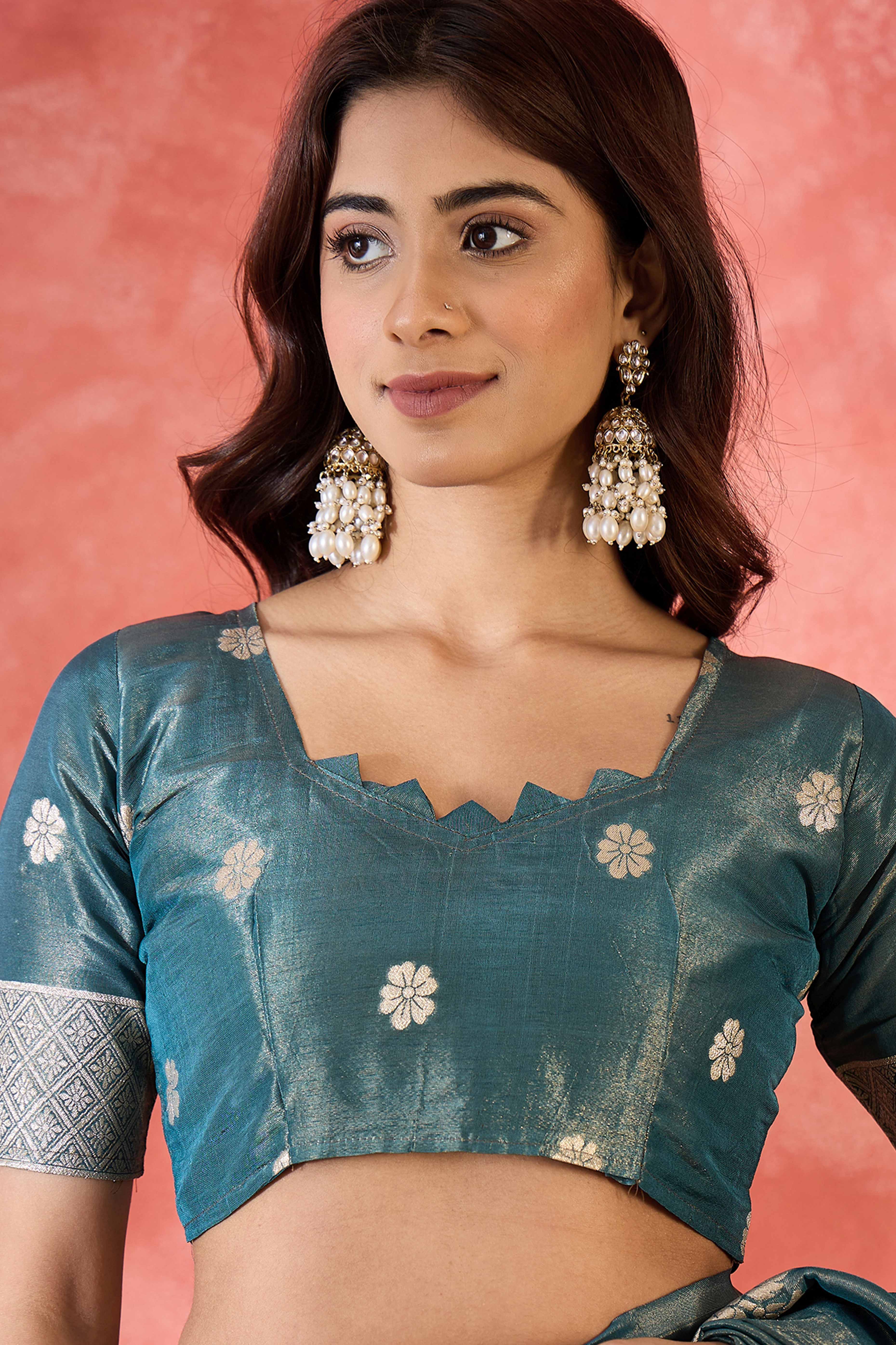 Teal Blue Saree In Shimmer Fabric With Floral Zari Weaving & Decorative Tassel Pallu - Image 7