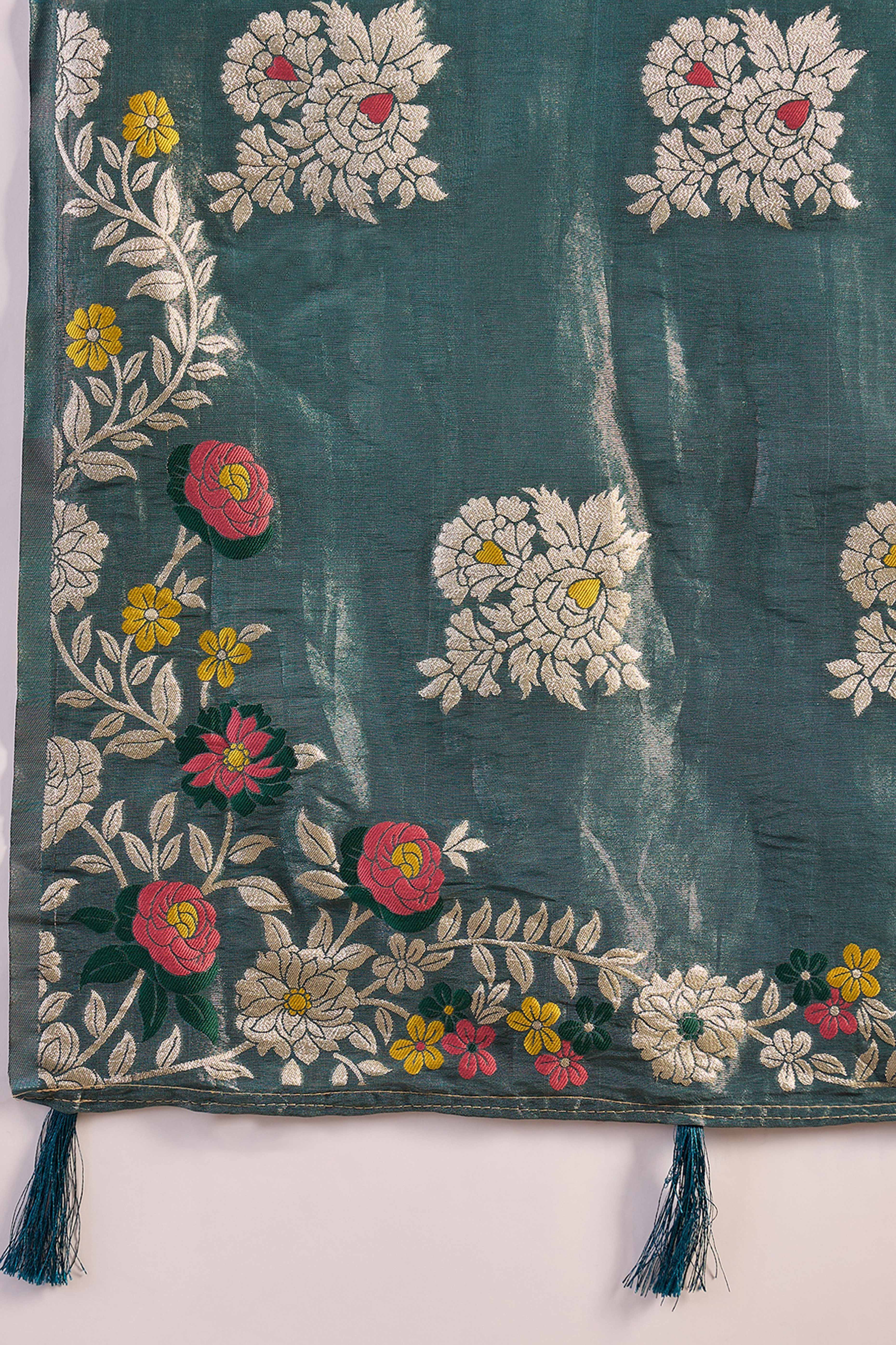 Teal Blue Saree In Shimmer Fabric With Floral Zari Weaving & Decorative Tassel Pallu - Image 8