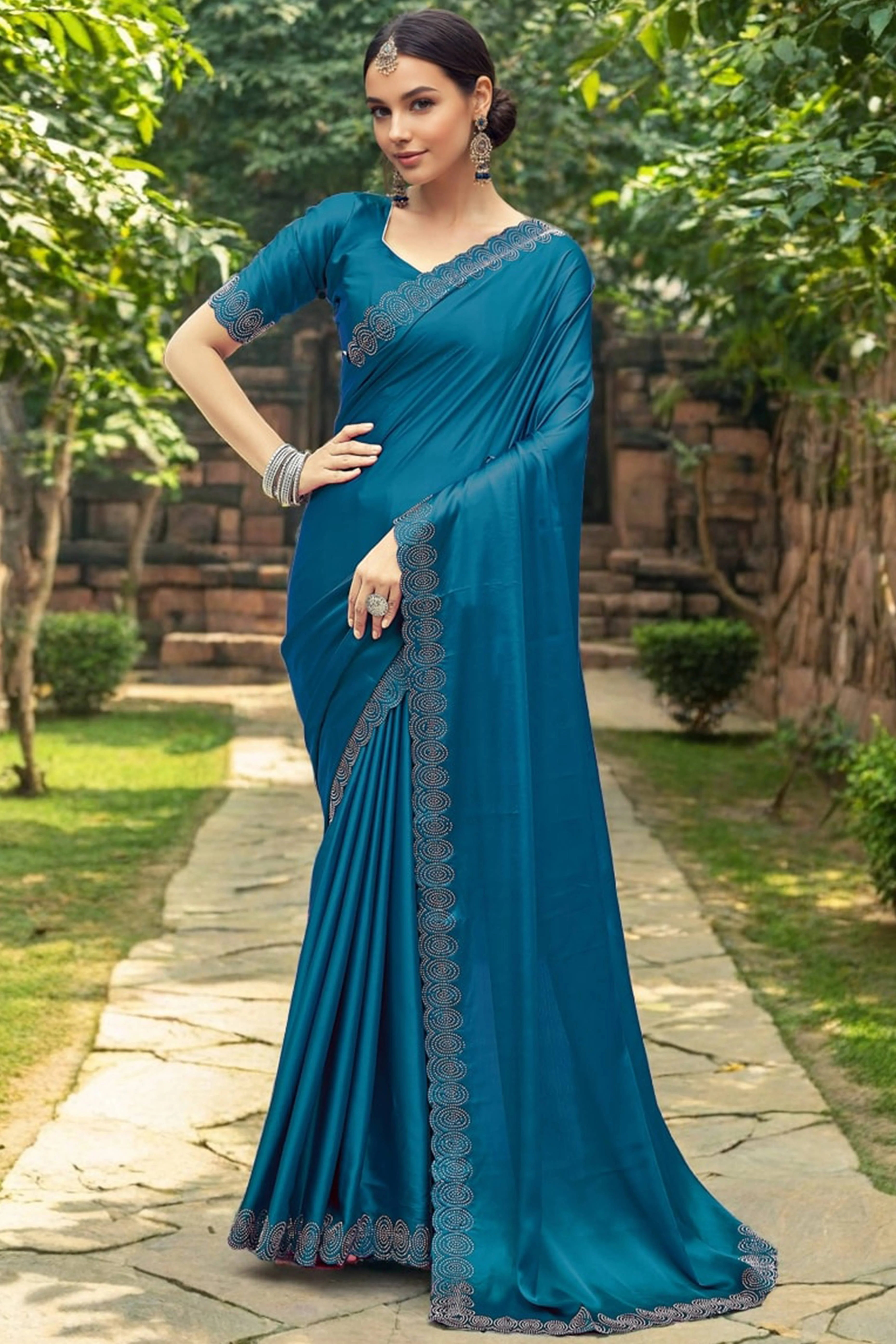 Teal Blue Solid Rangoli Dola Silk Saree Featuring Sparkling Swarovski Work Border - Image 4