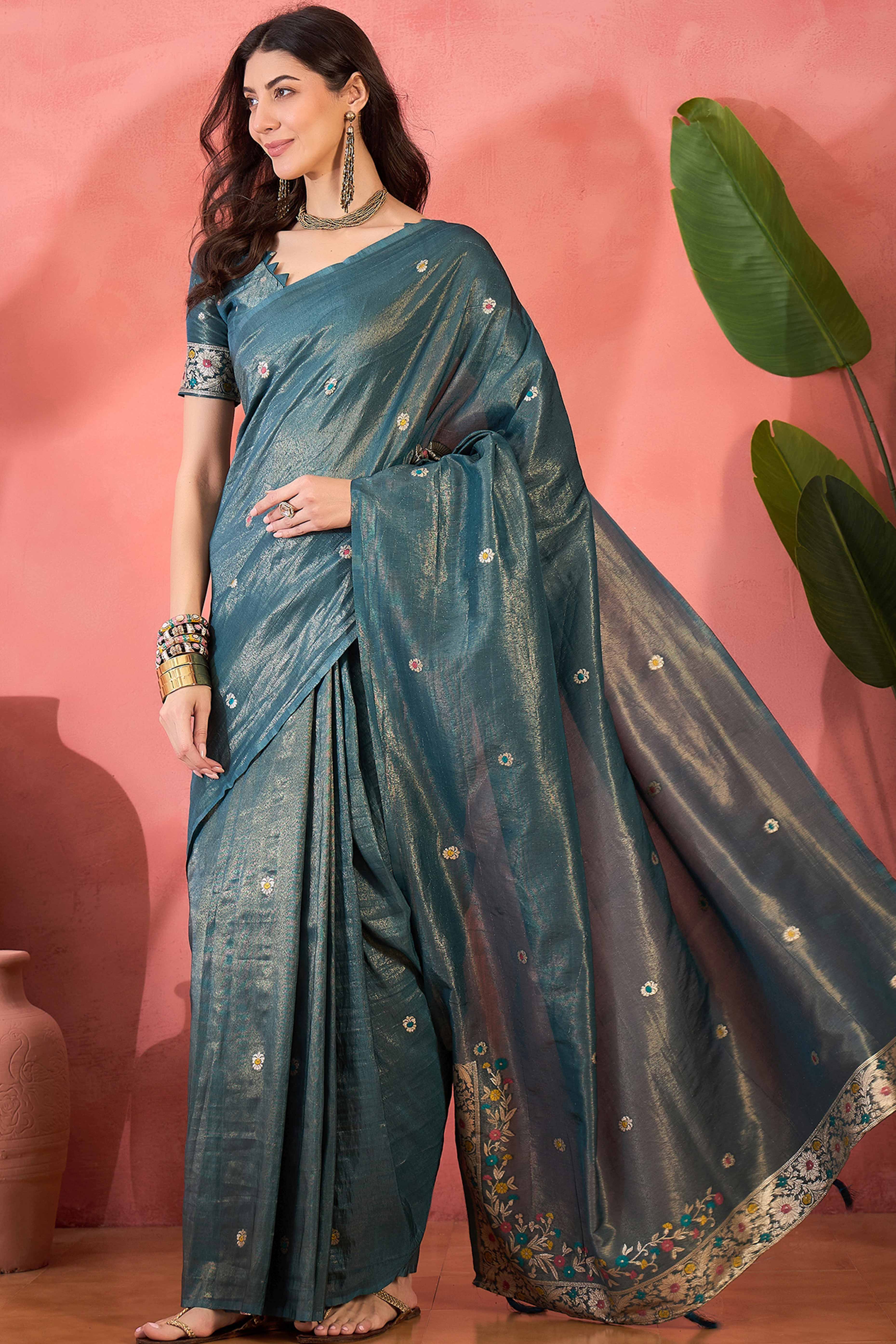 Teal Blue Zari Woven Shimmer Saree With Floral Motifs & Flowing Tassel Pallu - Image 3