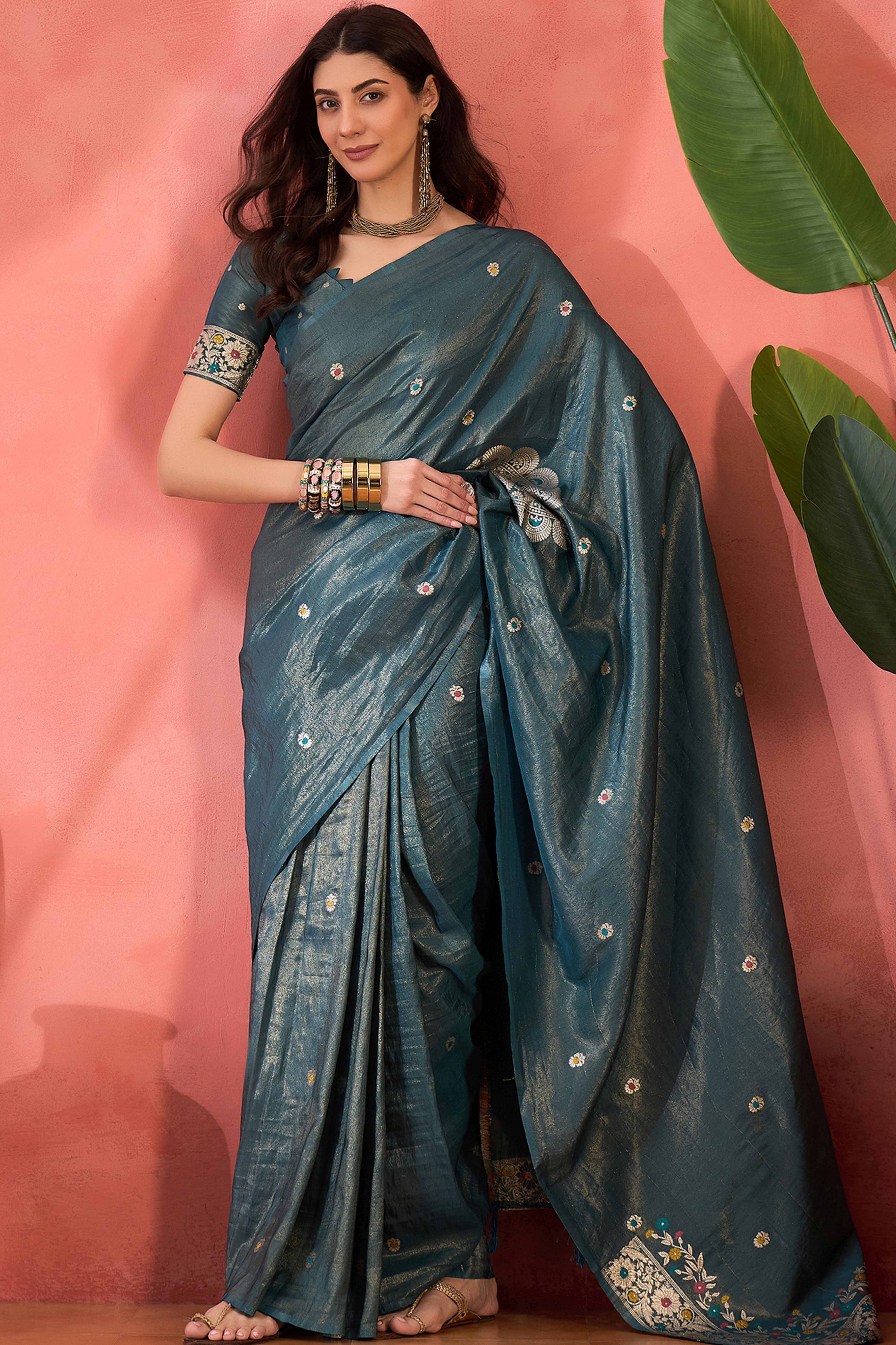 Teal Blue Zari Woven Shimmer Saree With Floral Motifs & Flowing Tassel Pallu - Image 4