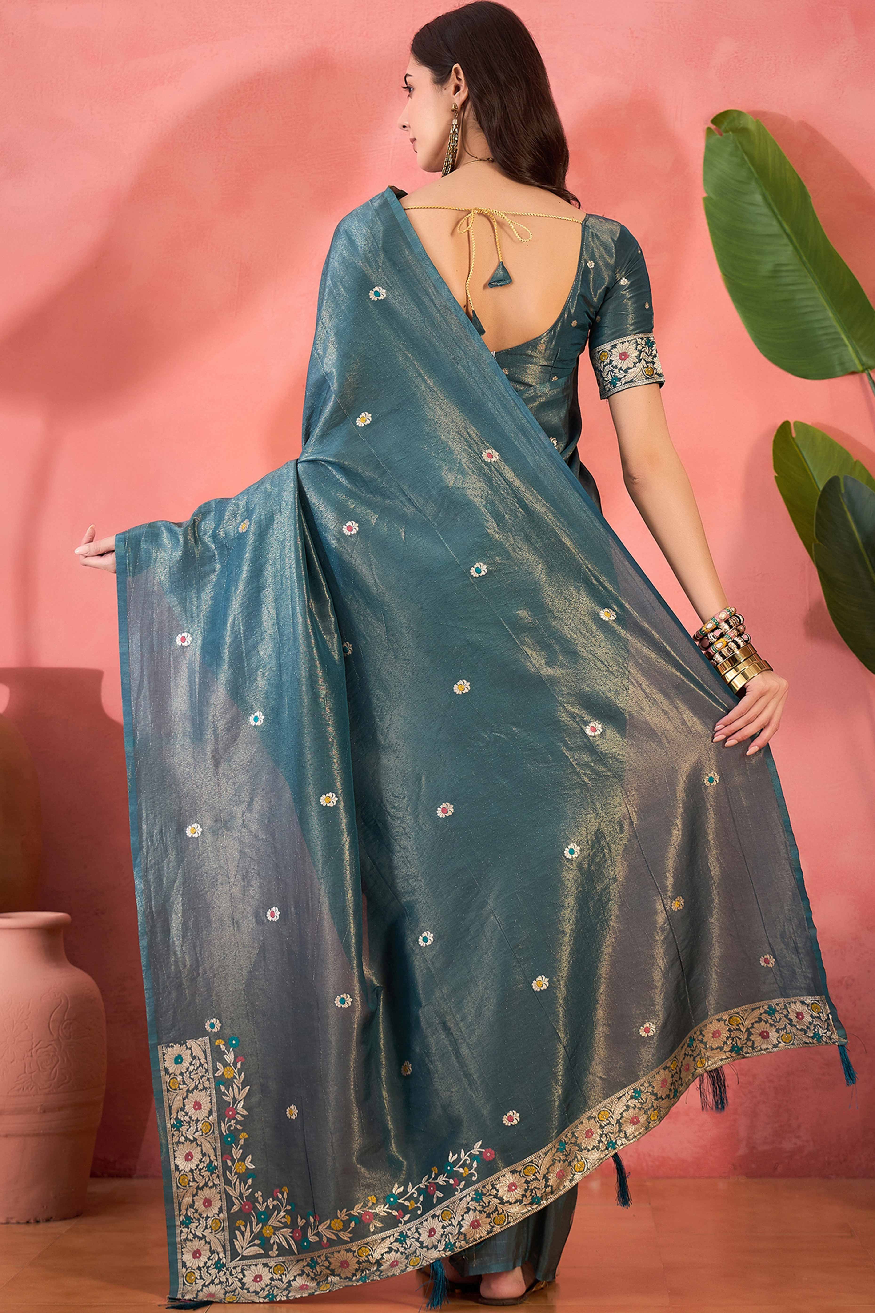 Teal Blue Zari Woven Shimmer Saree With Floral Motifs & Flowing Tassel Pallu - Image 5