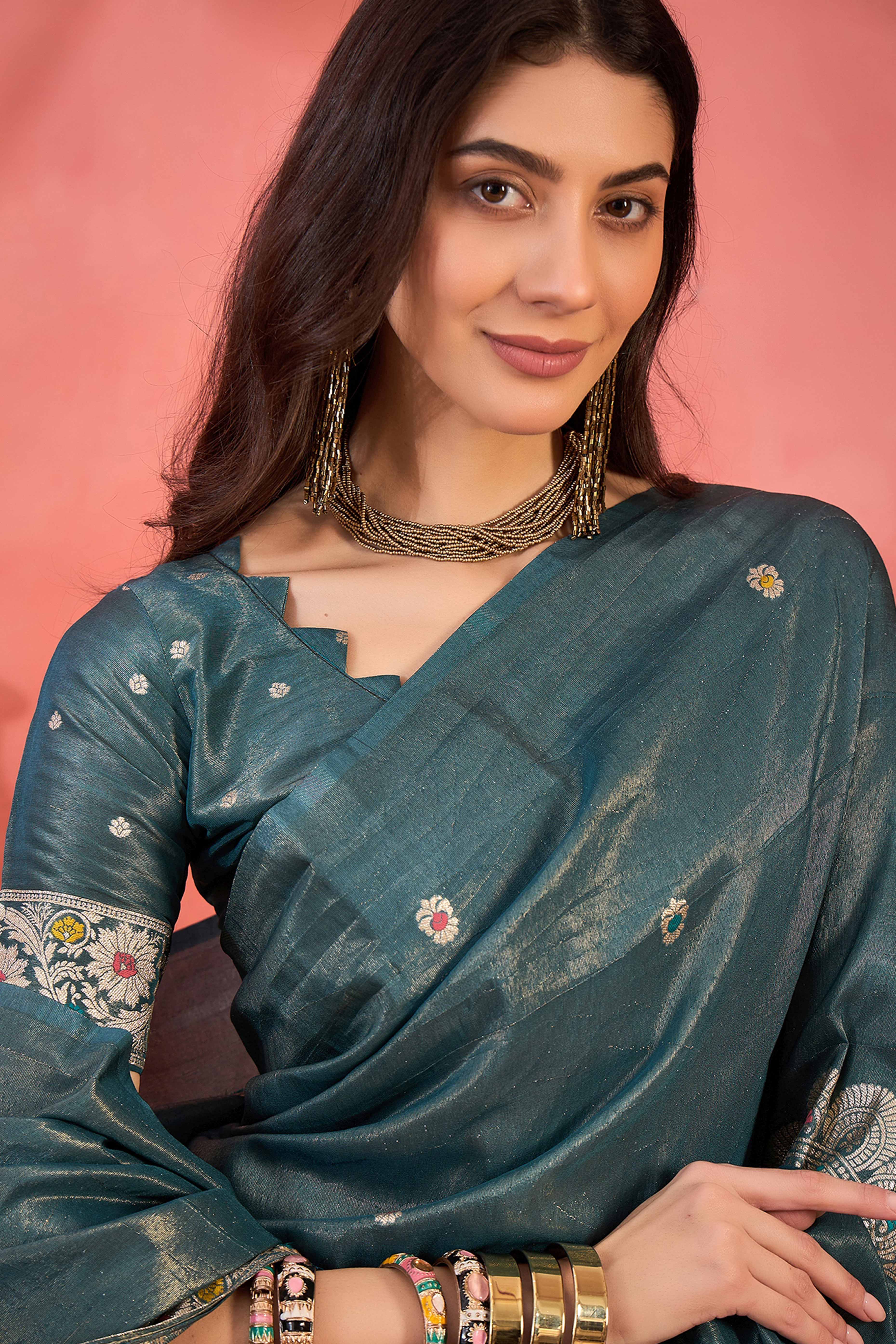 Teal Blue Zari Woven Shimmer Saree With Floral Motifs & Flowing Tassel Pallu - Image 6