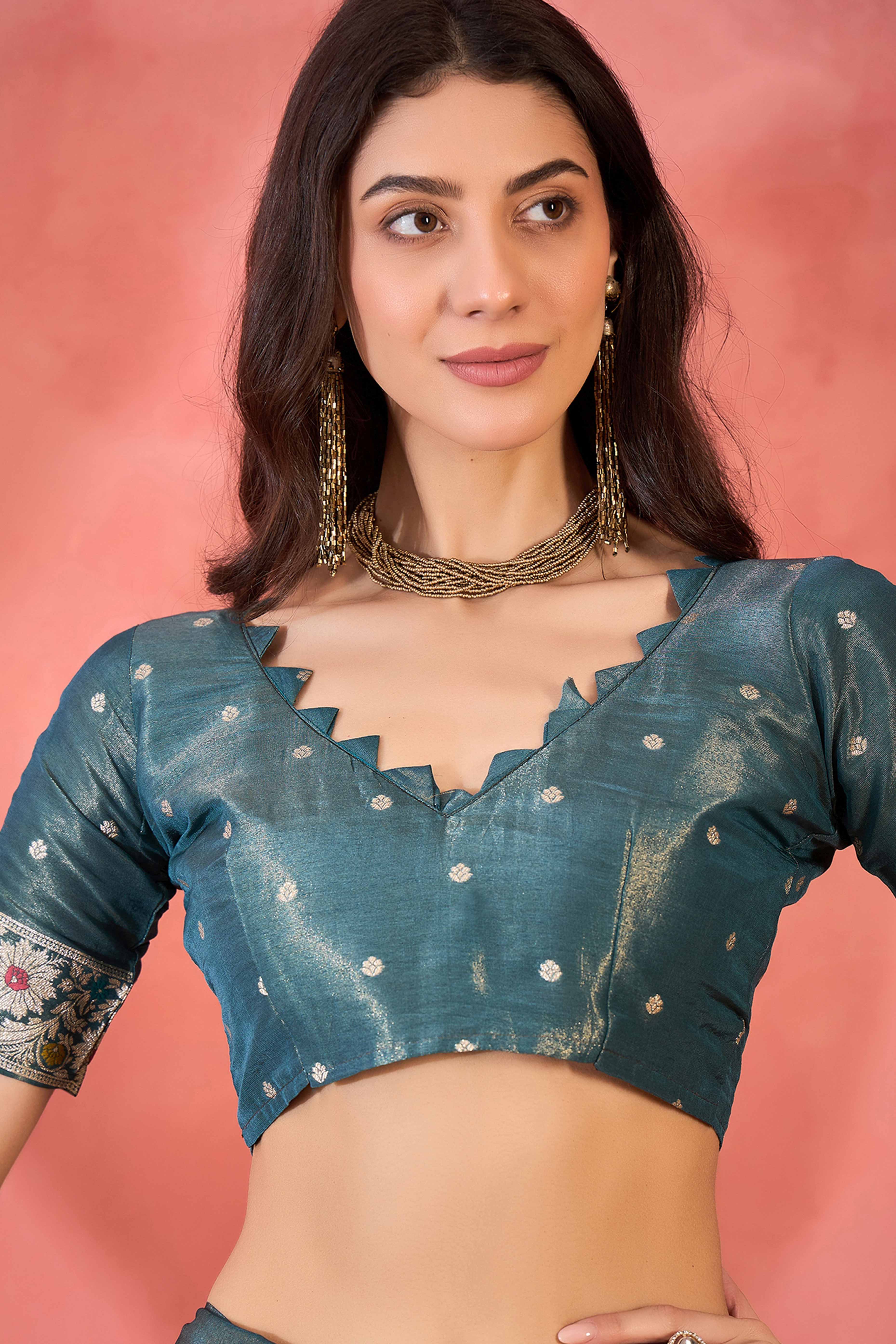 Teal Blue Zari Woven Shimmer Saree With Floral Motifs & Flowing Tassel Pallu - Image 7