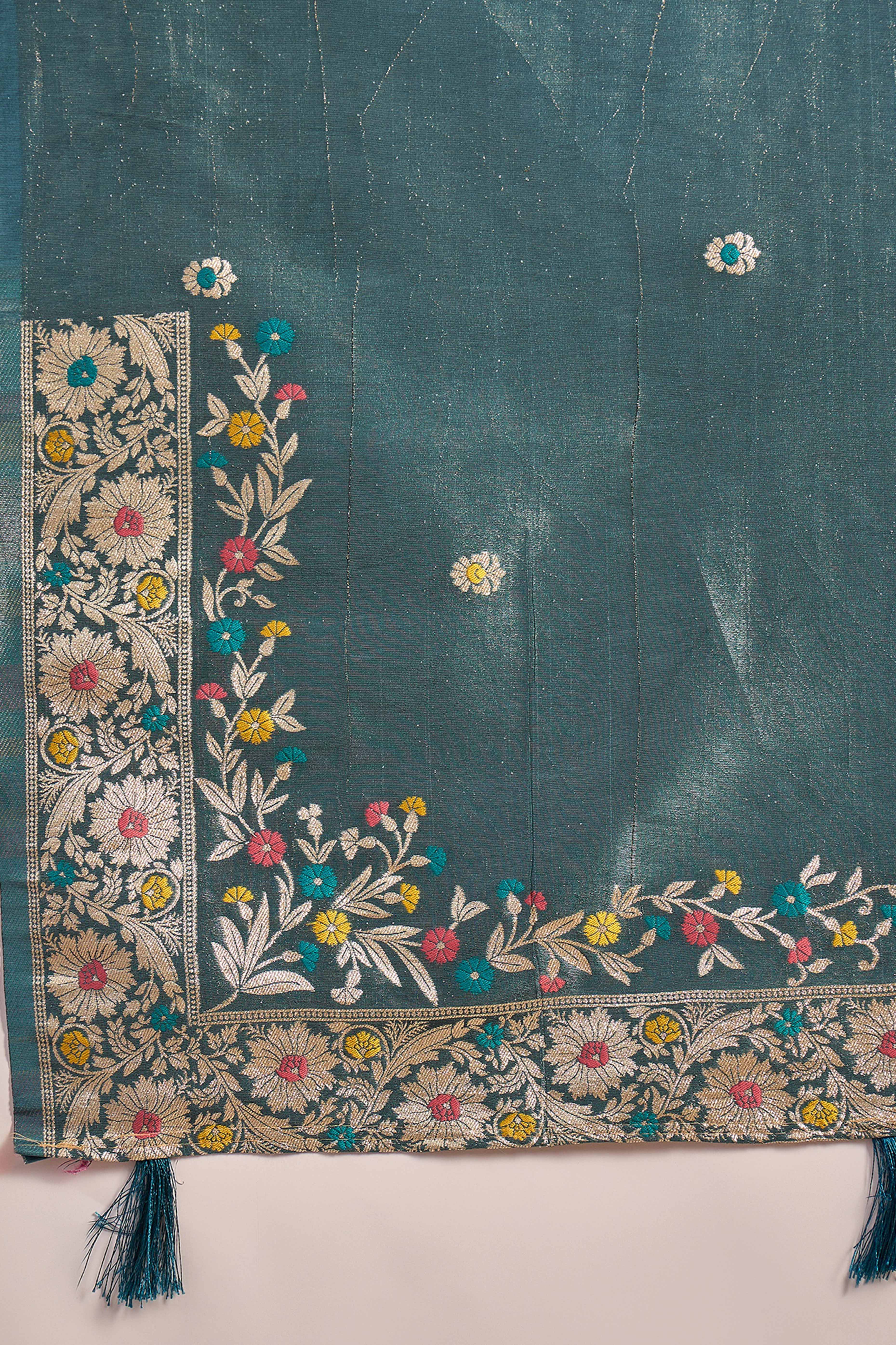 Teal Blue Zari Woven Shimmer Saree With Floral Motifs & Flowing Tassel Pallu - Image 8