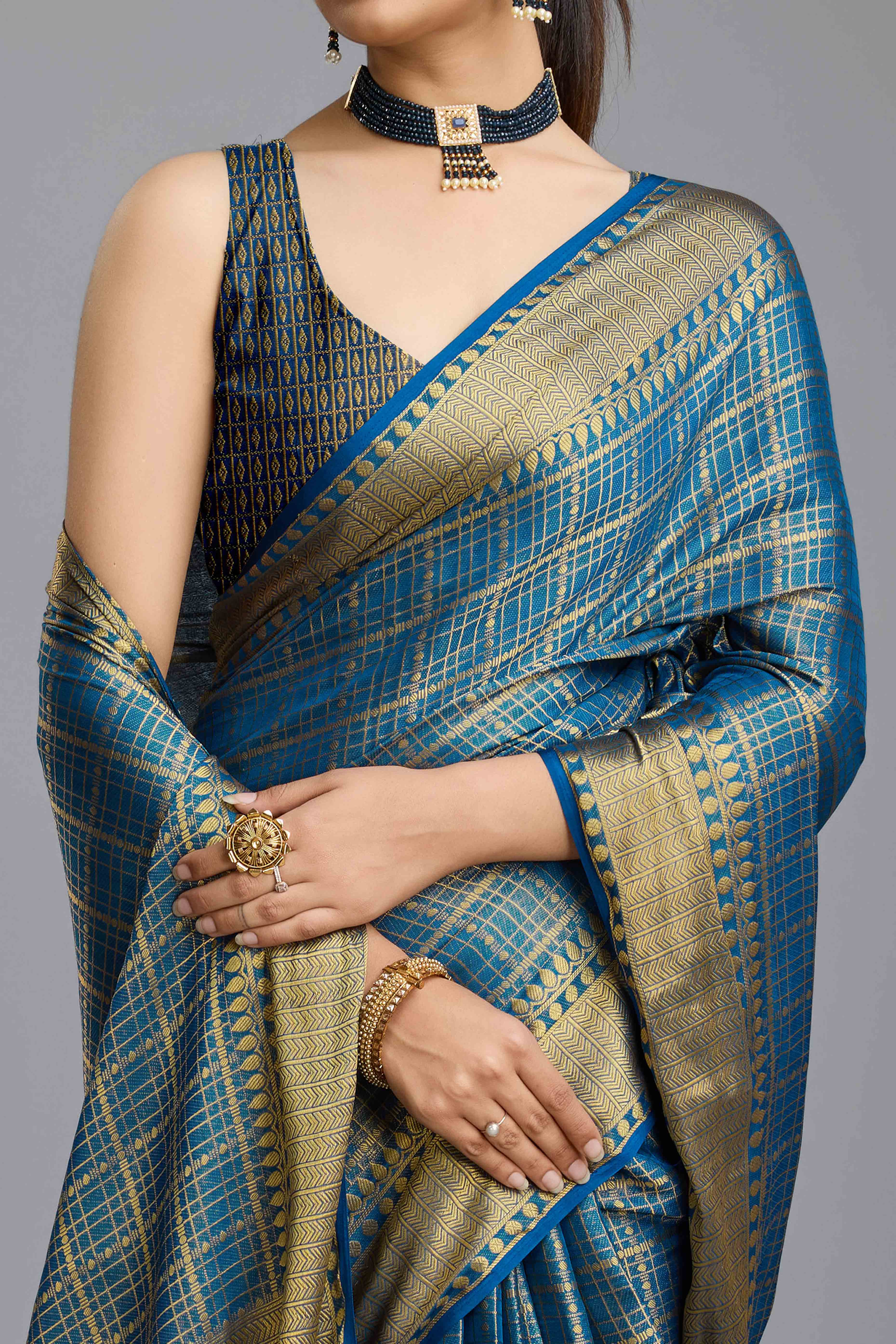 Teal Brocade Zari Weaving Mysore Silk Saree - Image 2