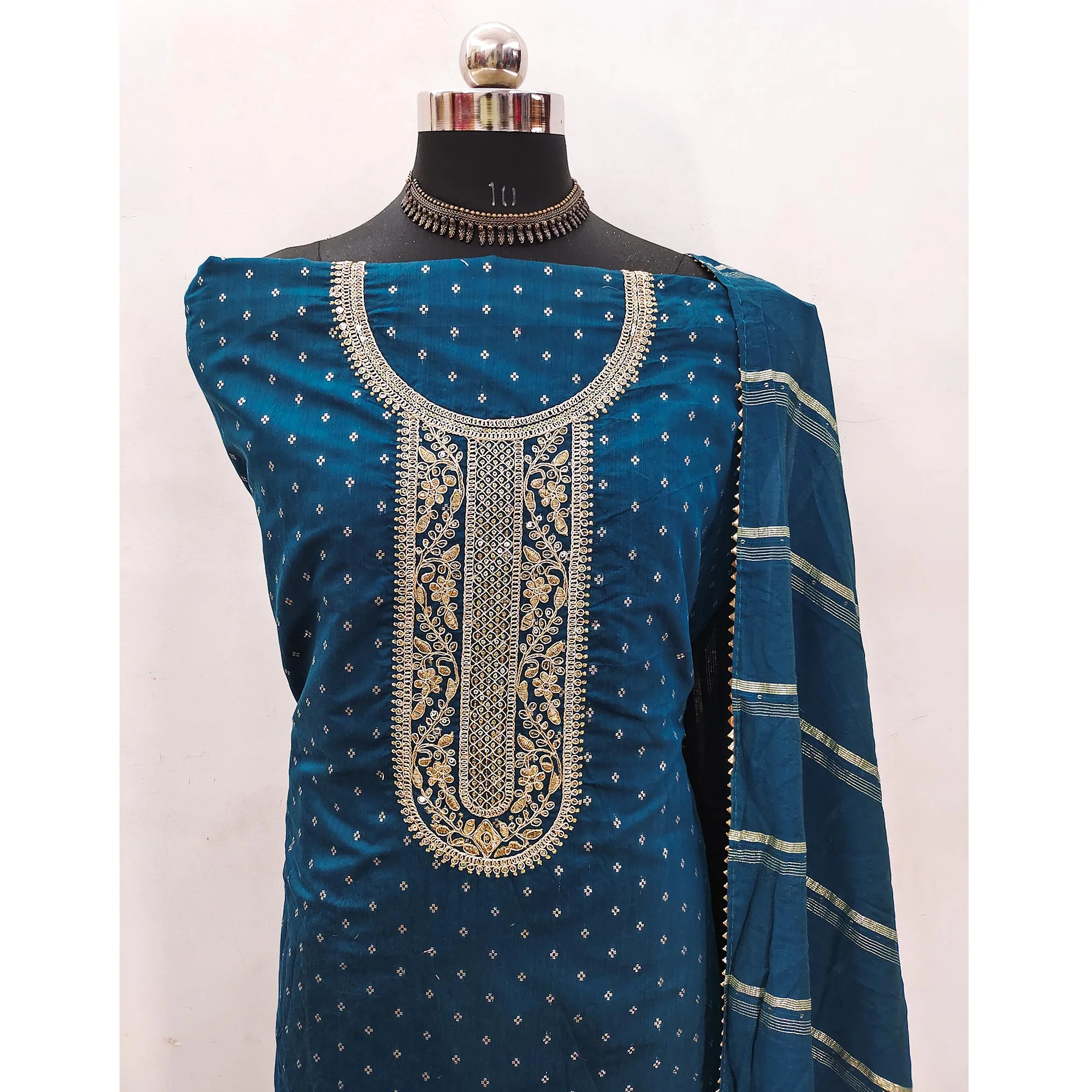 Teal Butti With Embroidered Chanderi Silk Dress Material - Image 4