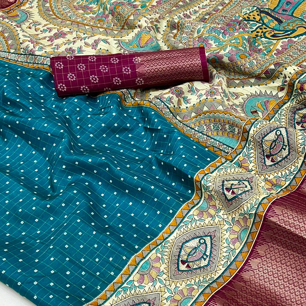 Teal Checkes Zari Woven With Floral Printed Dola Silk Saree - Image 2