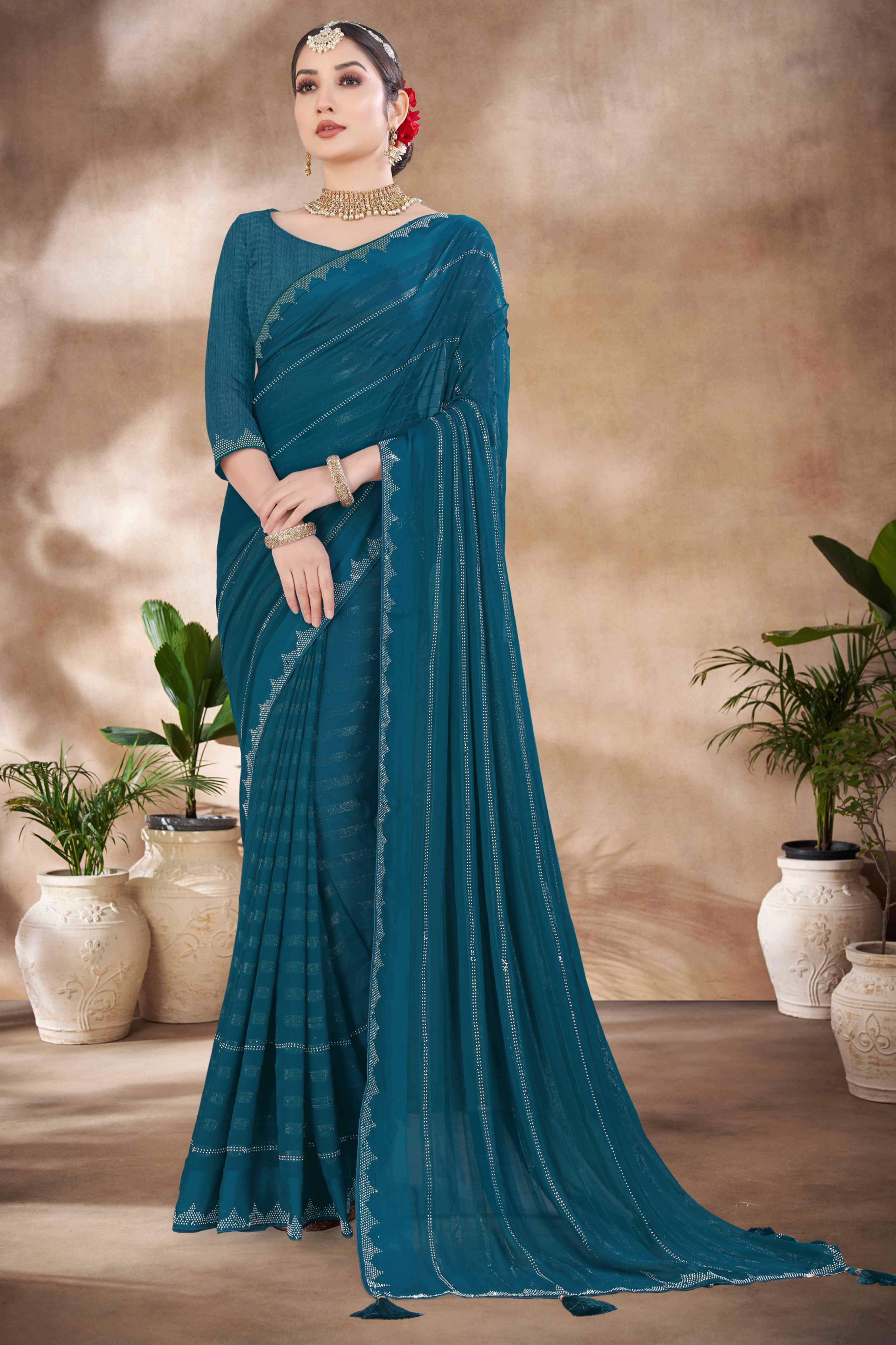 Teal Chiffon Party Saree Featuring Delicate Stone Embellishments - Image 3